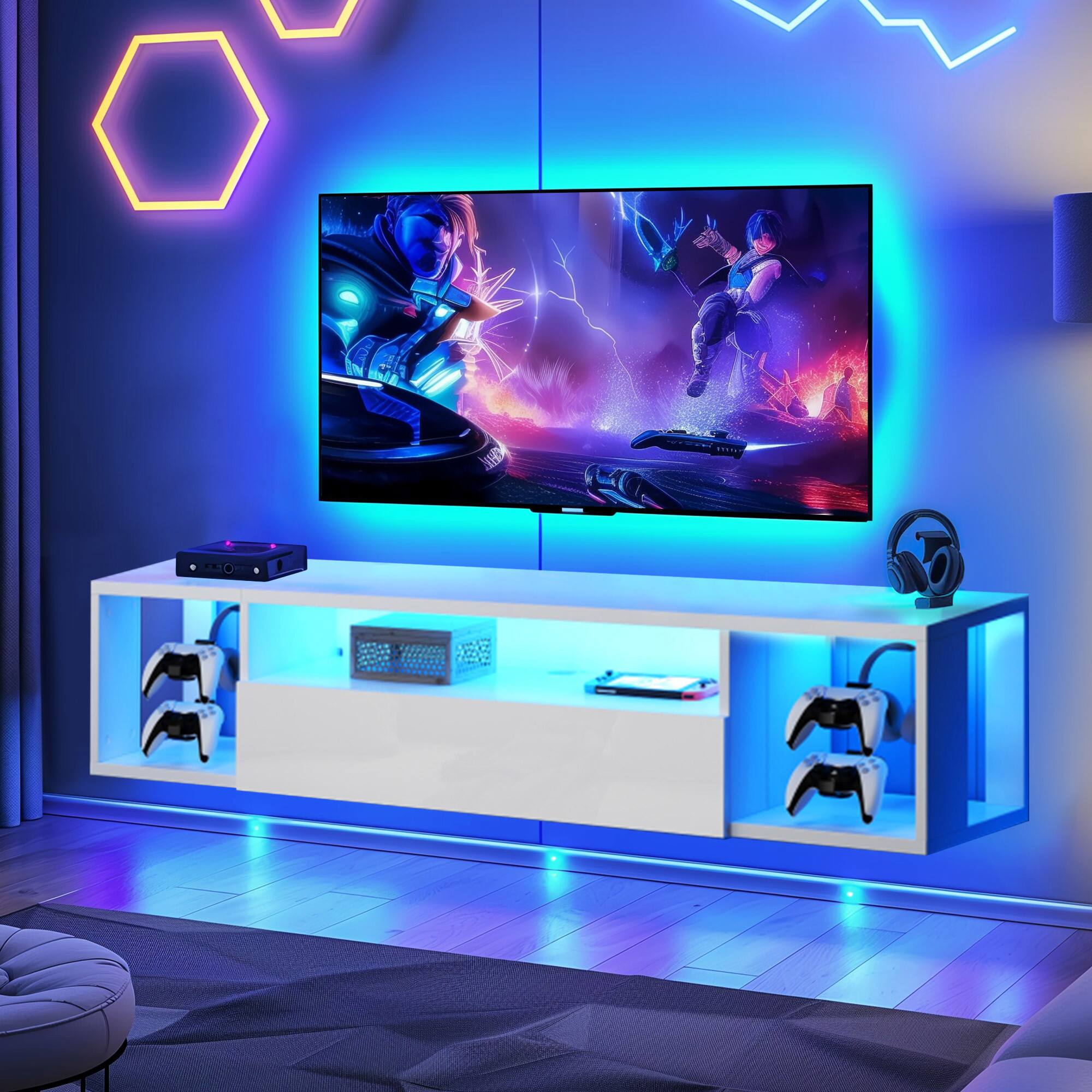 Front. Spaco - Spaco 55" Gaming TV Console with LED Lights, 4 Controller and 2 Headphone Hooks, Hidden Storage Cabinet for Game Room - White.