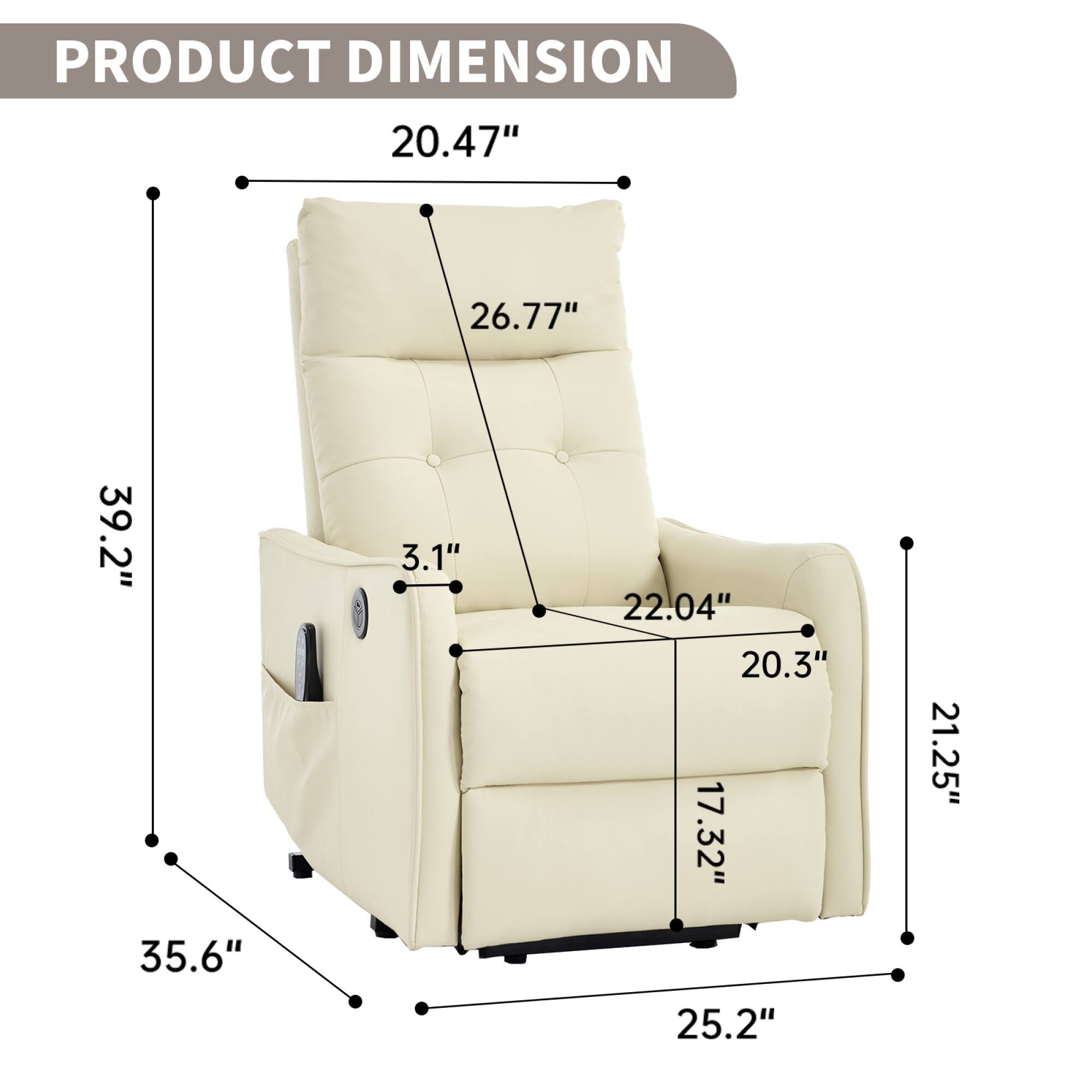 PRODUCT DIMENSION

- Width: 39.2"
- Height: 35.6"
- Depth: 25.2"
- Seat Height: 20.47"
- Seat Width: 22.04"
- Seat Depth: 20.3"
- Arm Height: 26.77"
- Arm Width: 17.32"
- Back Height: 39.2"
- Back Width: 21.25"
- Side Height: 3.1"