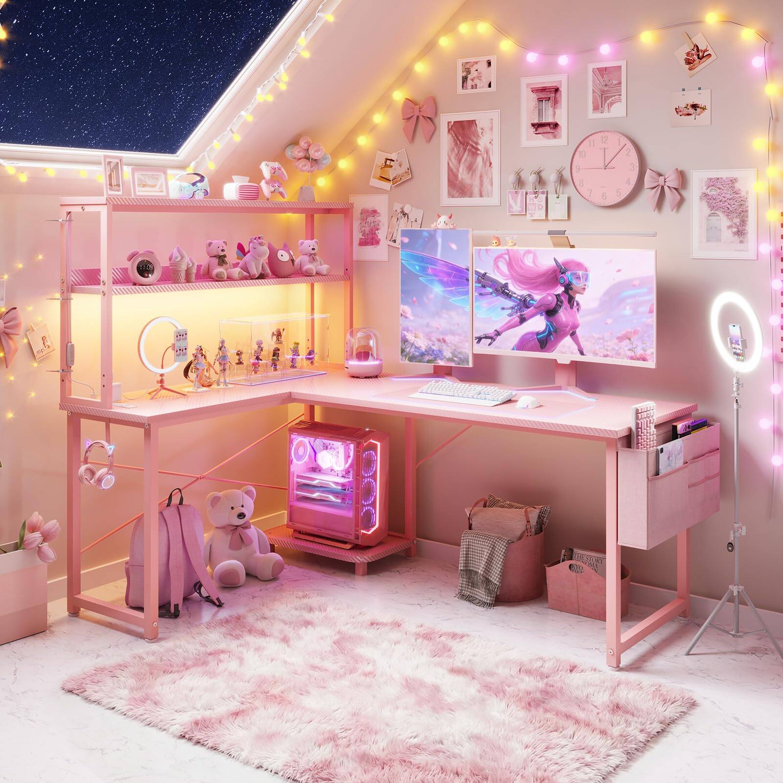 Alt View 1. AODK - Reversible L-Shaped Gaming Desk with LED Light, Power Outlet, Shelf, Storage Bag and Hook - Pink.