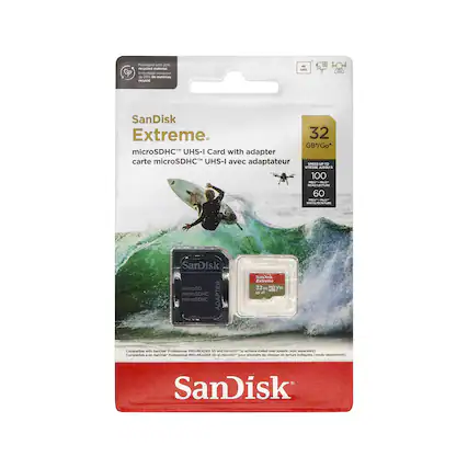 Packaged with 20% recycled materials
SanDisk Extreme
32 GB* microSDHC UHS-I Card with adapter
carte microSDHC UHS-I avec adaptateur
SPEED UP TO 100 MB/S
READ/LECTURE
WRITE/ECRITURE 60 MB/S
Compatible with SanDisk Professional PRO-READER SD and microSD
Compatible avec SanDisk Professional PRO-READER SD et microSD
SanDisk