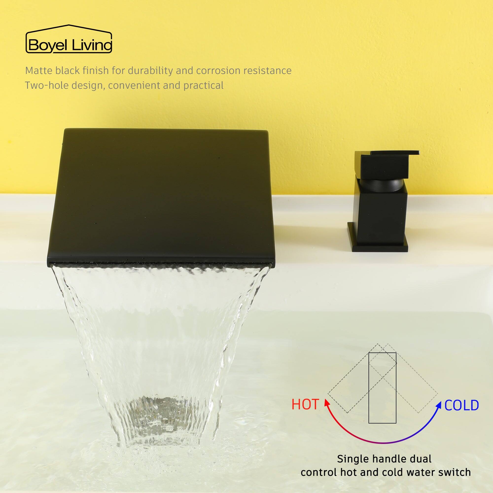Boyel Living Matte black finish for durability and corrosion resistance. Two-hole design, convenient and practical. Single handle dual control hot and cold water switch.