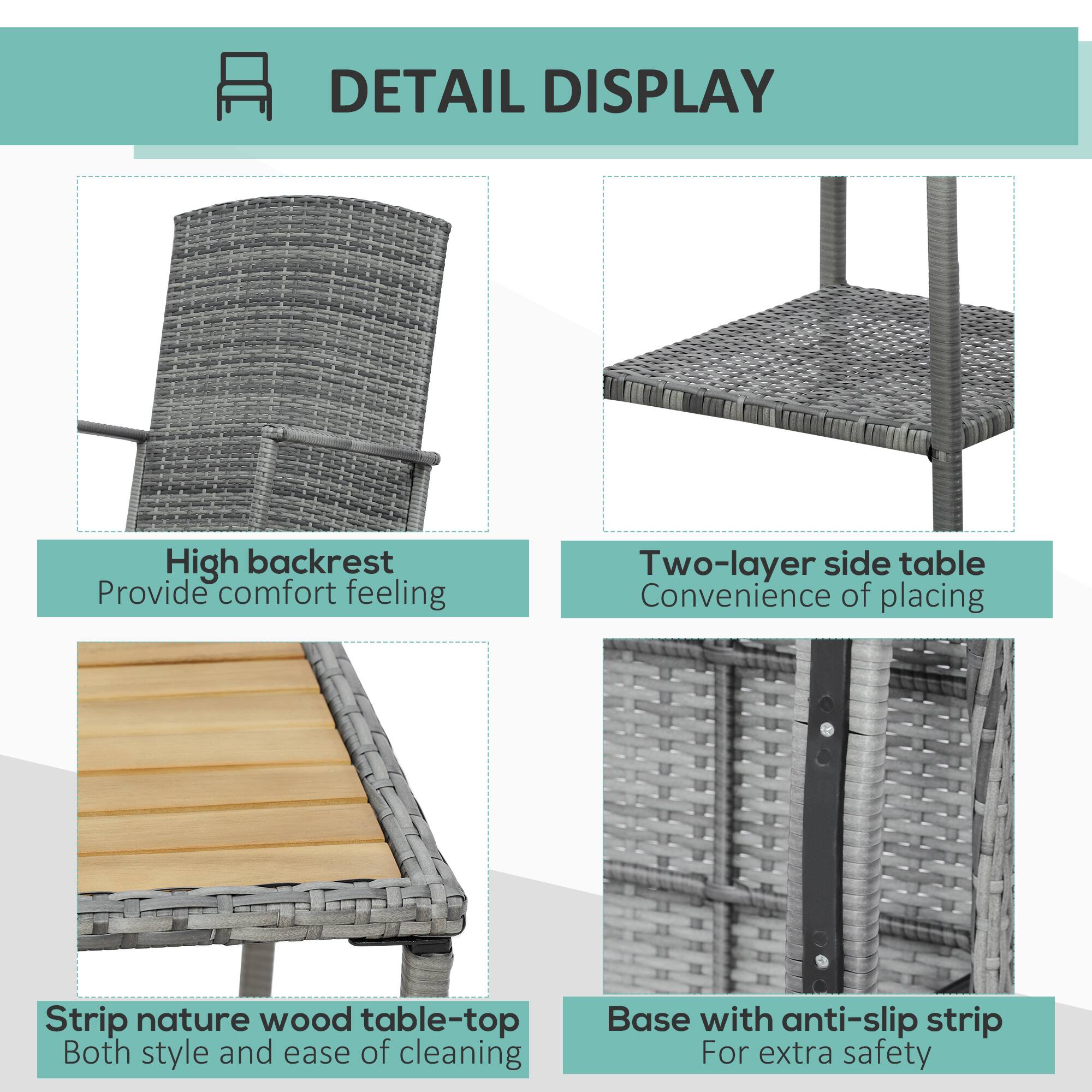 DETAIL DISPLAY

- High backrest  
  Provide comfort feeling

- Two-layer side table  
  Convenience of placing

- Strip nature wood table-top  
  Both style and ease of cleaning

- Base with anti-slip strip  
  For extra safety
