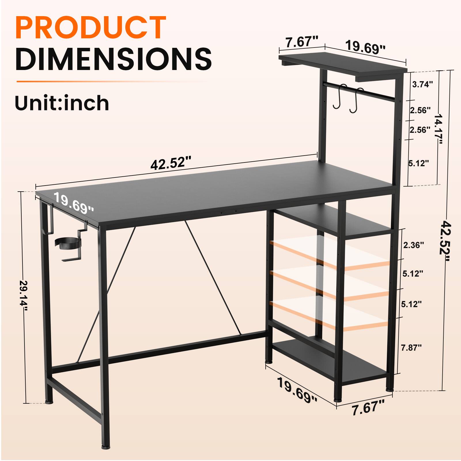 PRODUCT DIMENSIONS  
Unit: inch  

- 7.67"  
- 19.69"  
- 3.74"  
- 2.56"  
- 14.17"  
- 42.52"  
- 5.12"  
- 2.36"  
- 29.14"  
- 7.87"