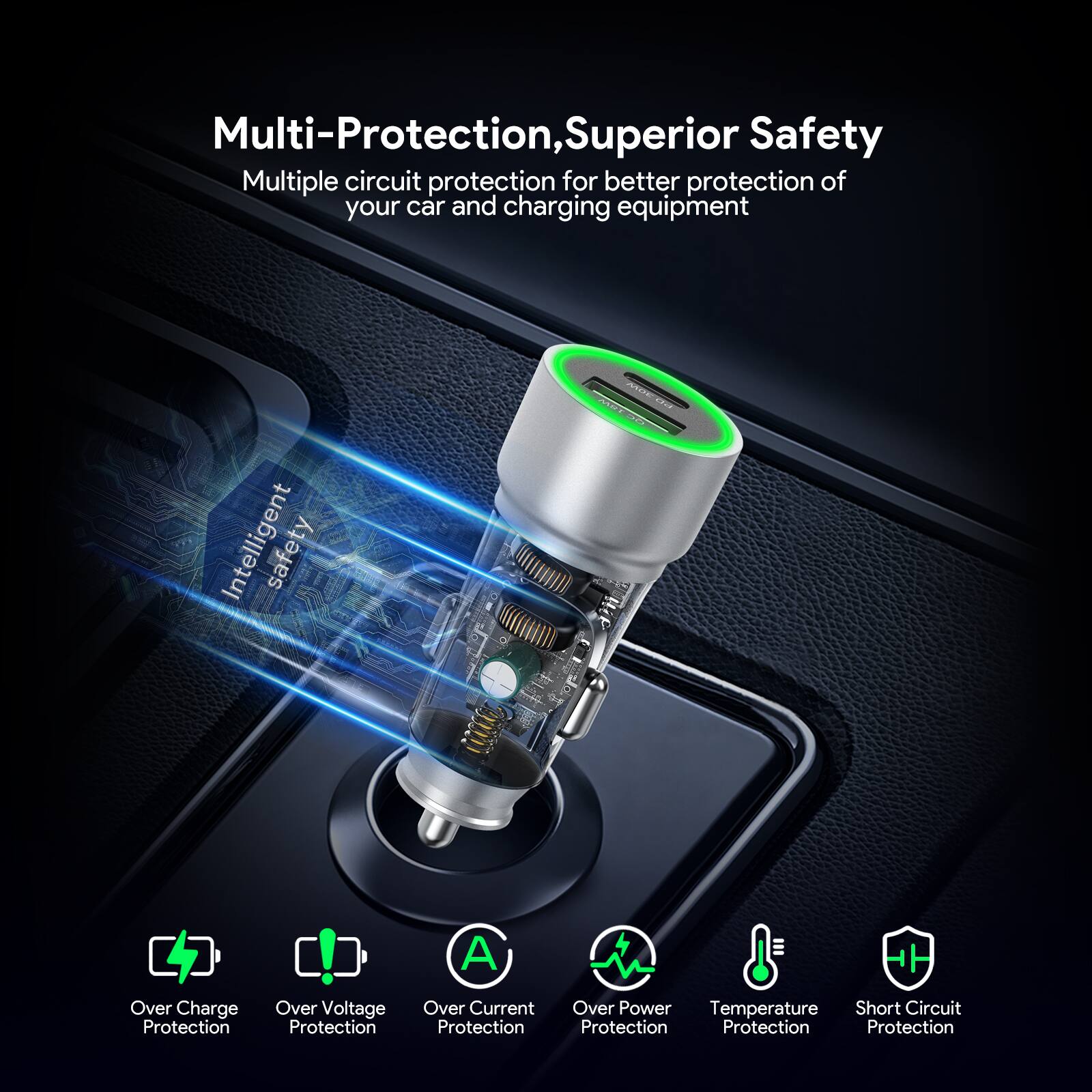 Multi-Protection, Superior Safety  
Multiple circuit protection for better protection of your car and charging equipment  

Intelligent Safety  

- Over Charge Protection  
- Over Voltage Protection  
- Over Current Protection  
- Over Power Protection  
- Temperature Protection  
- Short Circuit Protection