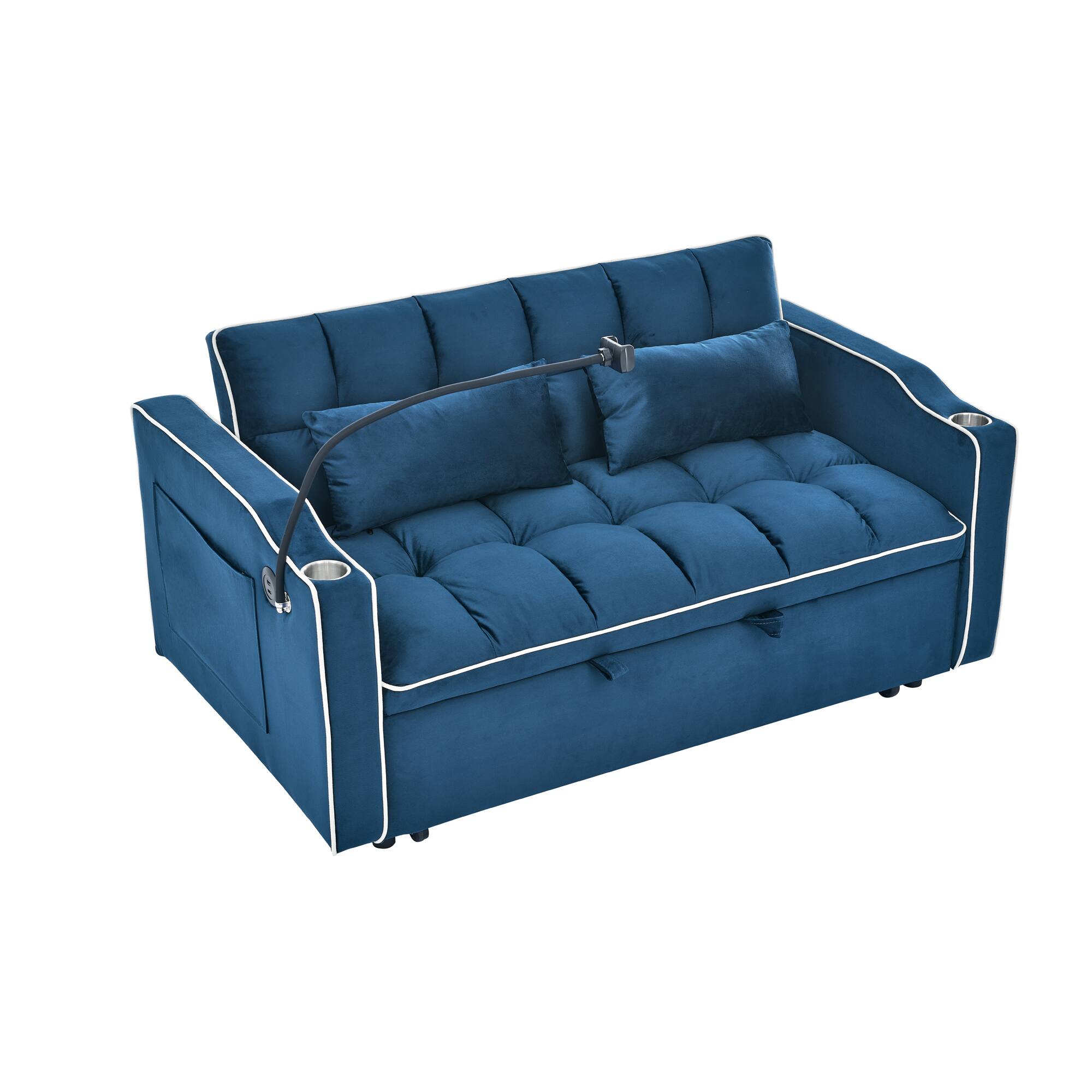 Alt View 5. Tiramisubest - Modern Velvet Versatile Foldable Sofa Bed in 3 Lengths,Adjustable Back w/ USB Port,Ashtray & Swivel Phone Stand (Blue) - Blue.