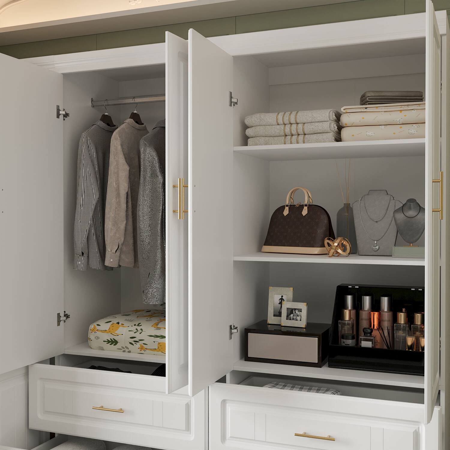 Alt View 2. FUFU & GAGA - Modern 63" 4-Door Wardrobe Armoire with Hanging Rail and 4 Drawers – White & Gold - White.