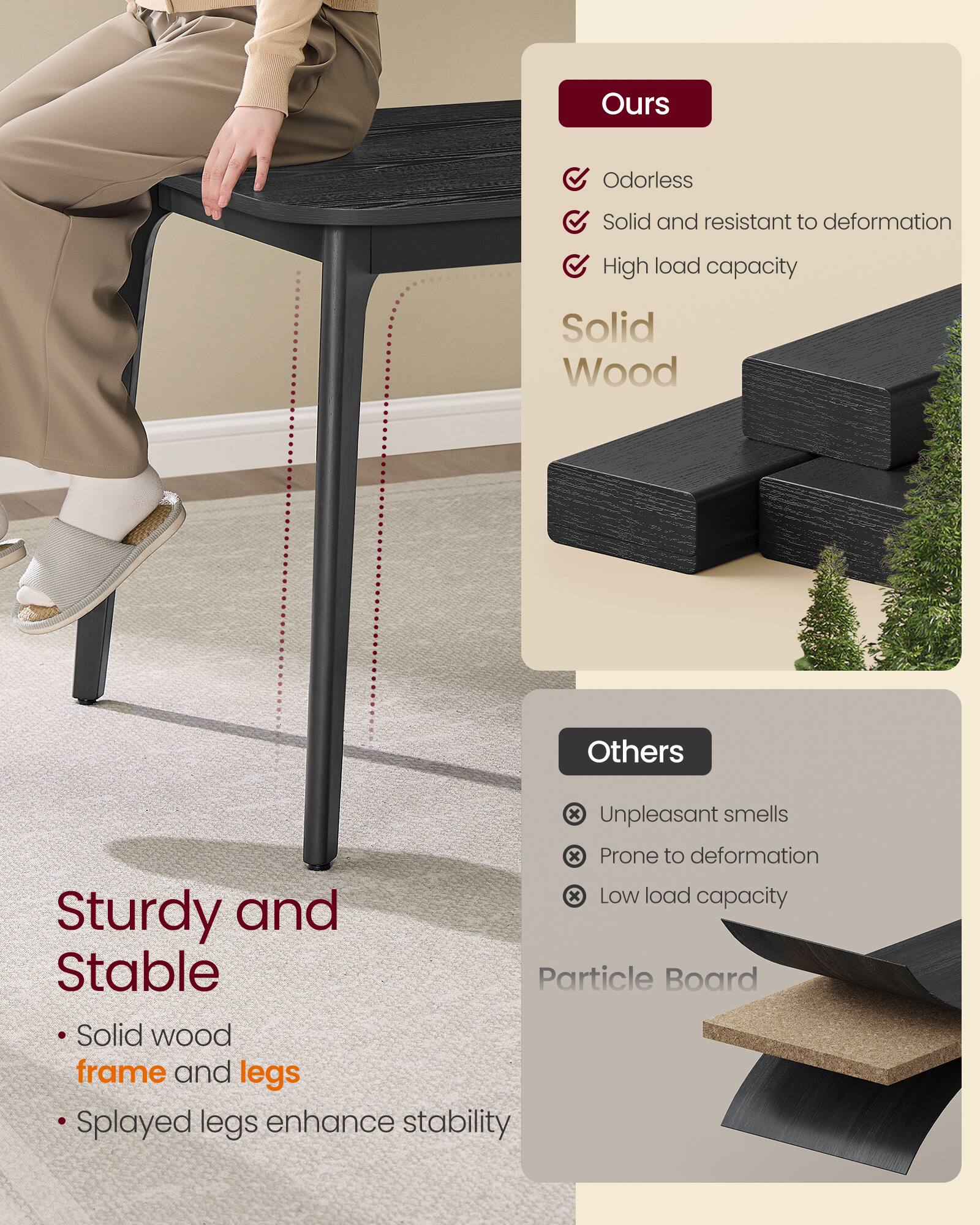 **Ours**

- Odorless
- Solid and resistant to deformation
- High load capacity

**Solid Wood**

**Sturdy and Stable**

- Solid wood frame and legs
- Splayed legs enhance stability

**Others**

- Unpleasant smells
- Prone to deformation
- Low load capacity

**Particle Board**