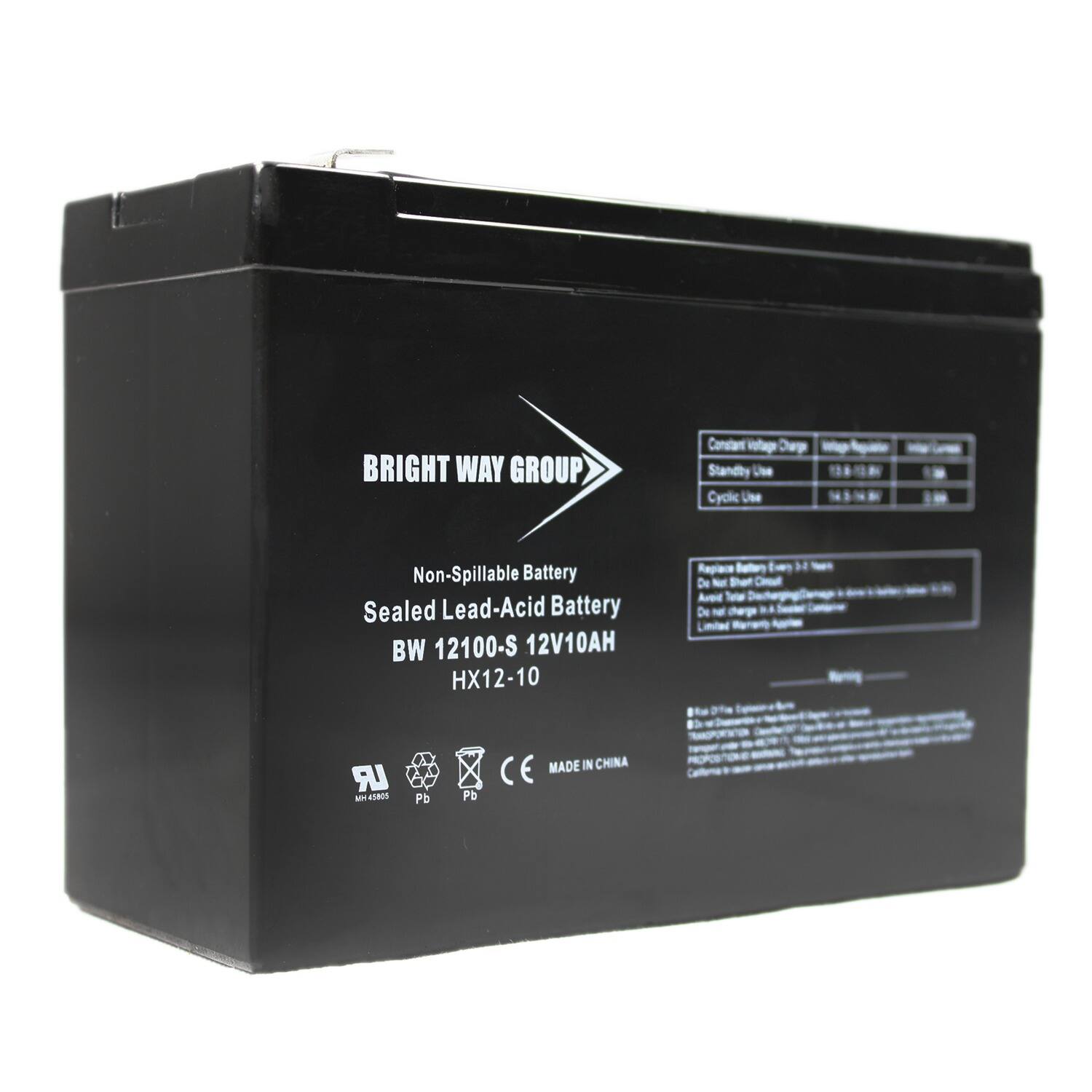 BRIGHT WAY GROUP

Non-Spillable Battery  
Sealed Lead-Acid Battery  
BW 12100-S 12V10AH  
HX12-10  

Constant Voltage Charge  
Standby Use  
Cyclic Use  

MADE IN CHINA  

CE  

Pb  
Pb  
Pb  

(Additional text and symbols are present but not fully legible)