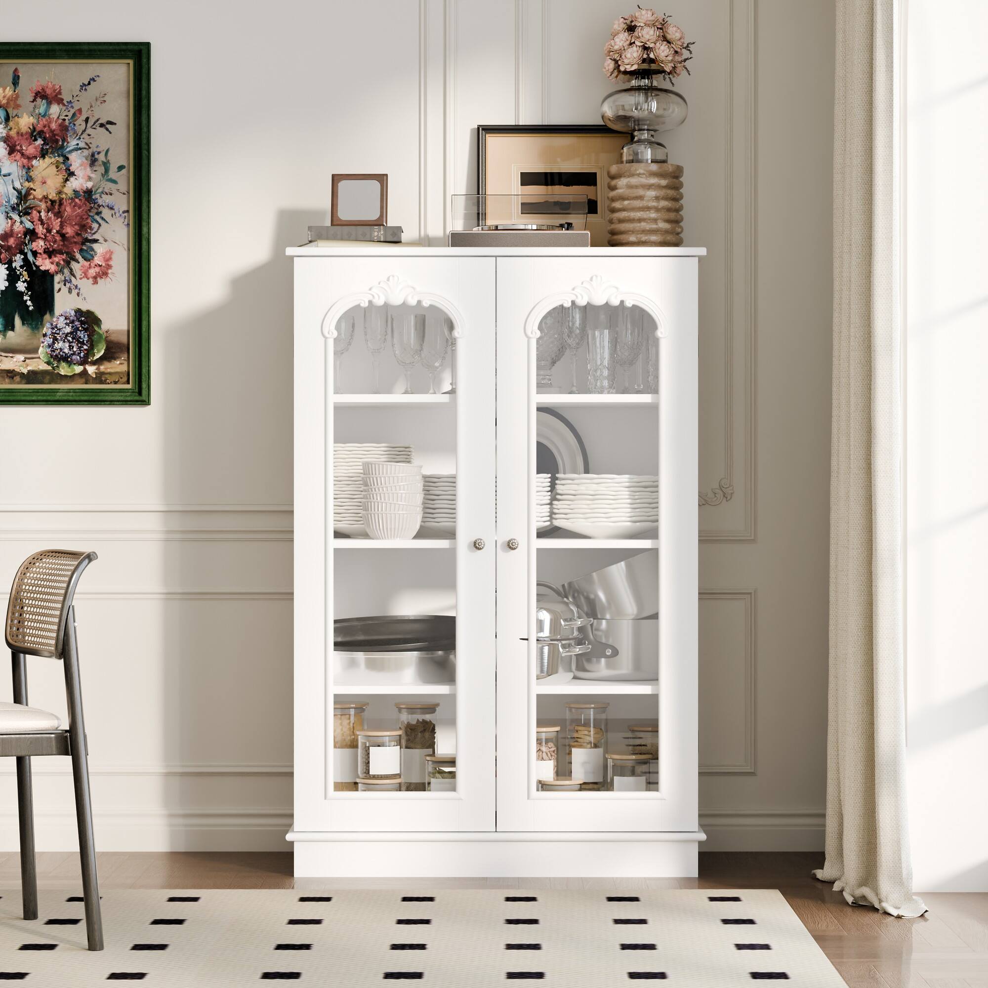 Alt View 4. Famapy - Famapy French - Style Glass Display Cabinet: Elegant Dishware Showcase + Hidden Storage - White.
