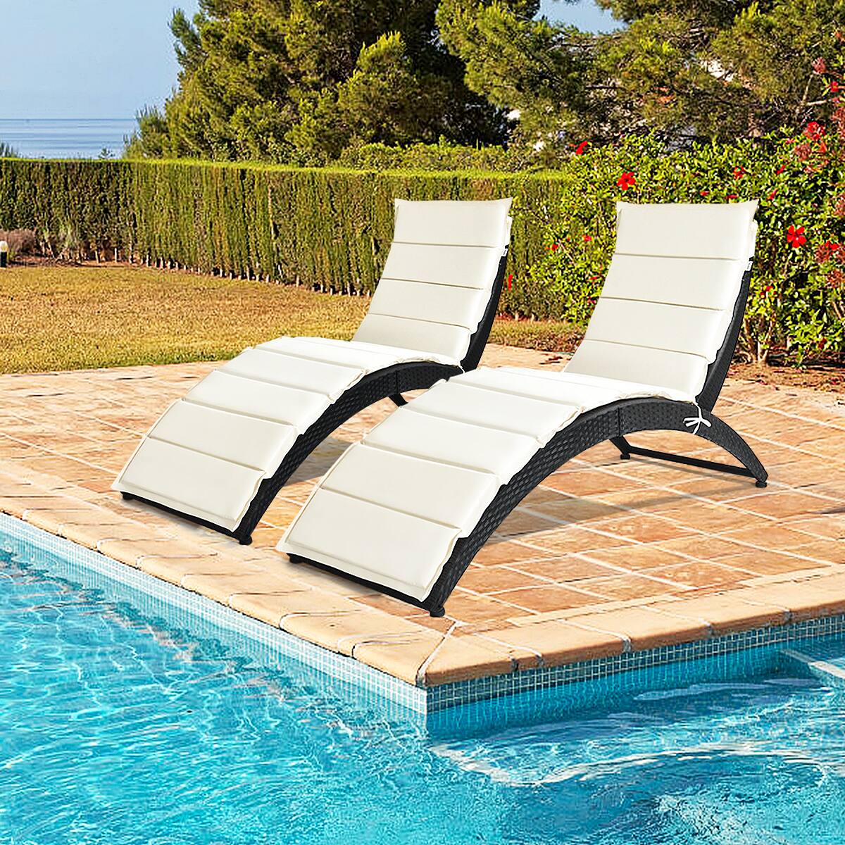 Alt View 1. Costway - 2PCS Folding Patio Rattan Lounge Chair Chaise Cushioned Portable Garden - Black.