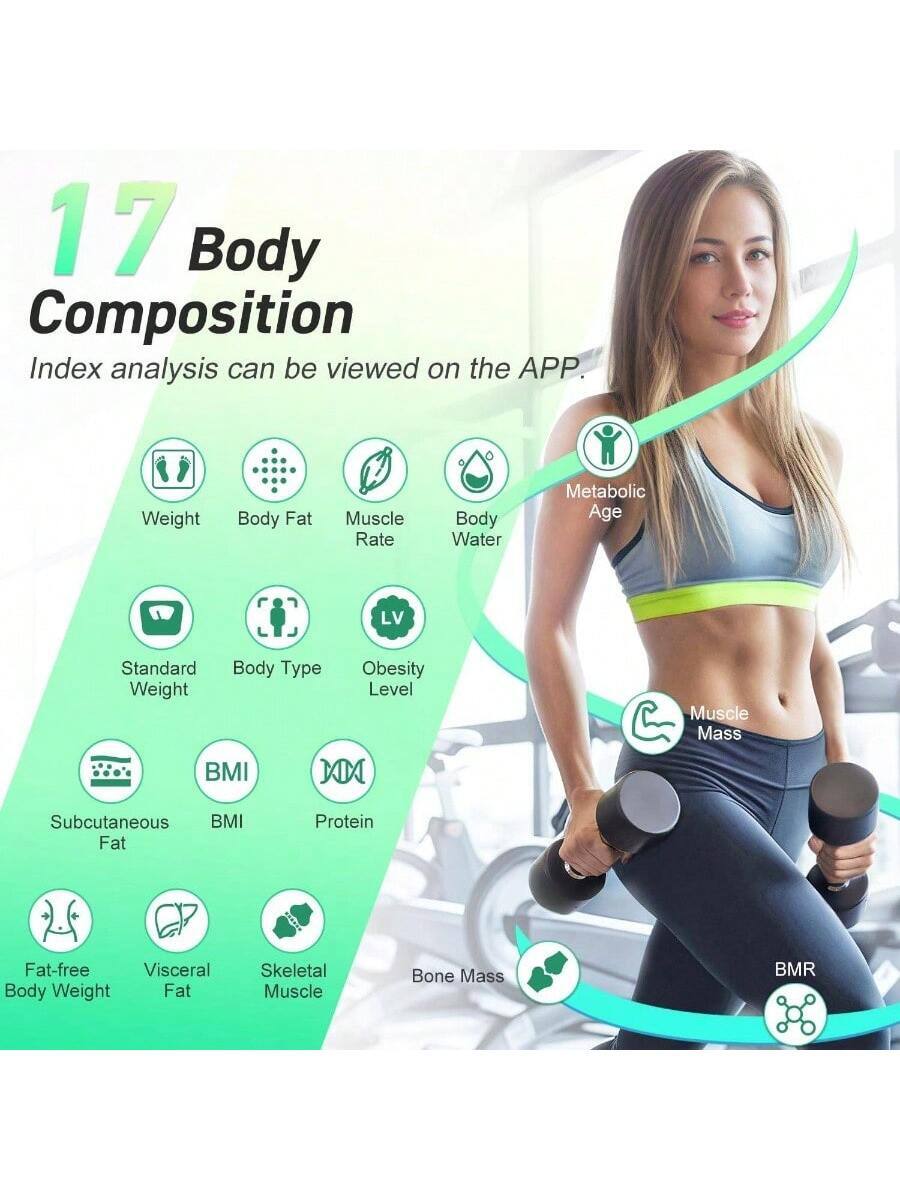 17 Body Composition Index analysis can be viewed on the APP.

- Weight
- Body Fat
- Muscle Rate
- Body Water
- Metabolic Age
- Standard Weight
- Body Type
- Obesity Level
- Subcutaneous Fat
- BMI
- Protein
- Fat-free Body Weight
- Visceral Fat
- Skeletal Muscle
- Bone Mass
- BMR