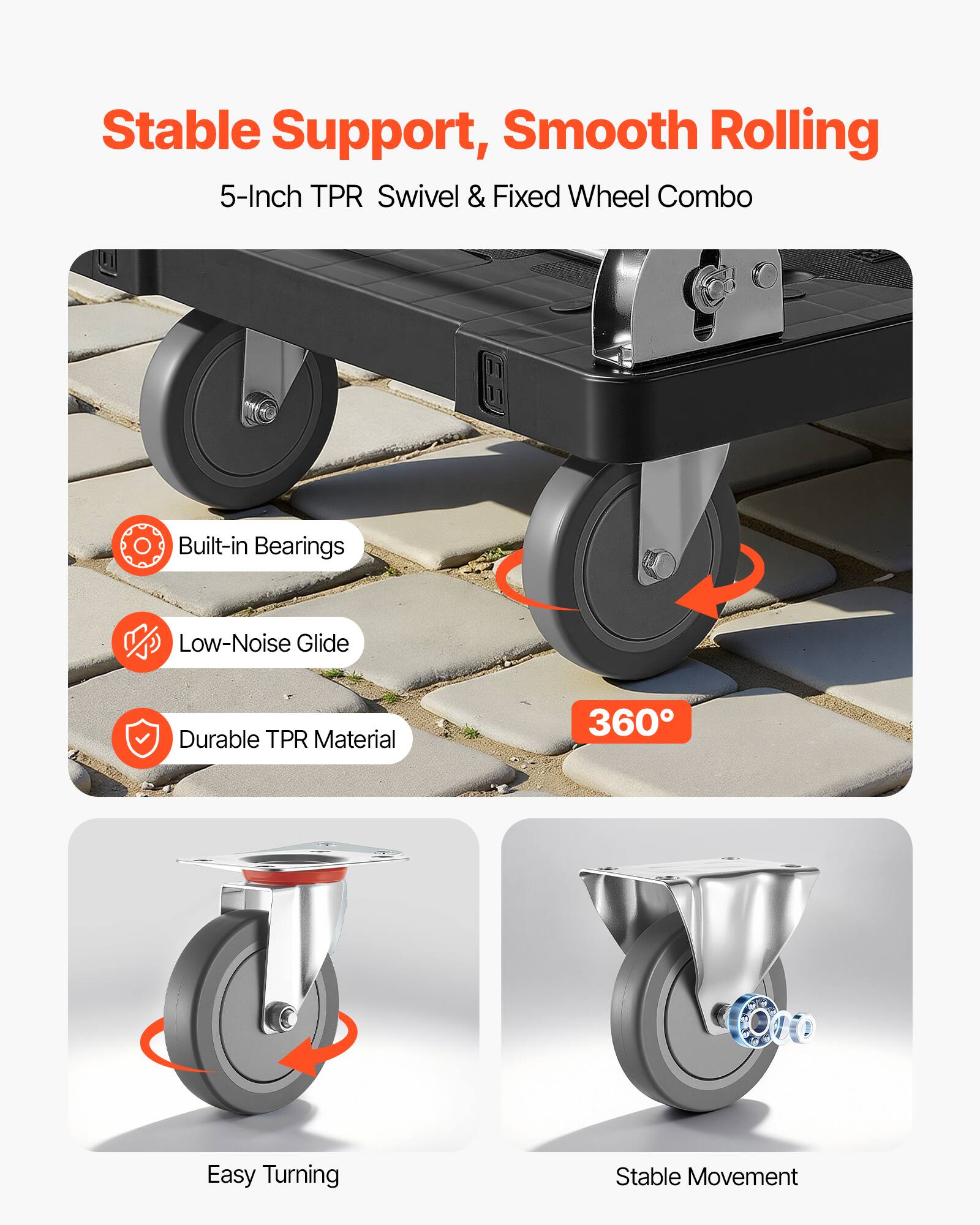 Stable Support, Smooth Rolling  
5-Inch TPR Swivel & Fixed Wheel Combo  
Built-in Bearings  
Low-Noise Glide  
Durable TPR Material  
360° Easy Turning  
Stable Movement