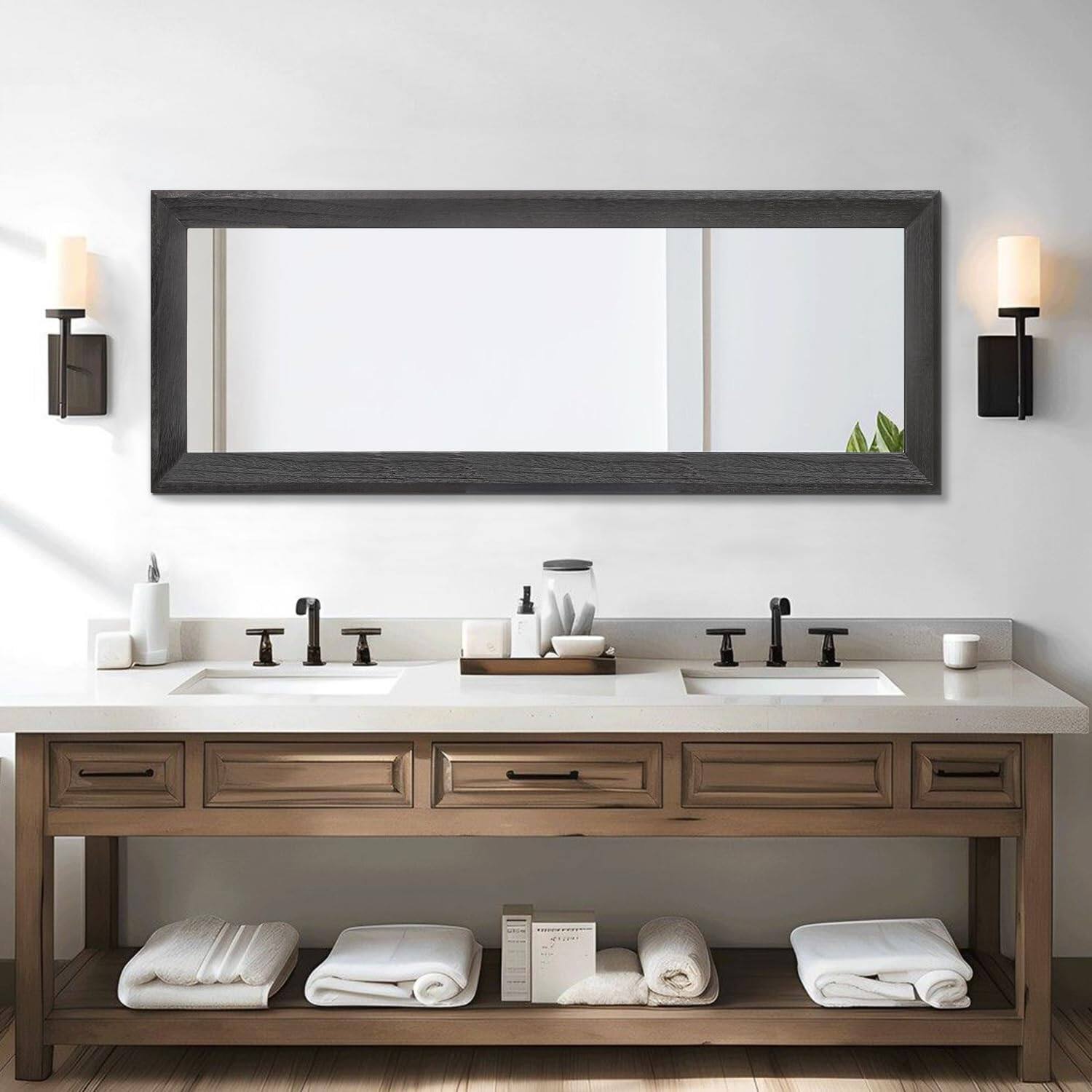 Alt View 2. TECH SAFARI - Full Length Mirror With Wood Framed Modern Large Wall Mirrors Rectangle For Bedroom Living Room Bathroom Dr - Retro Brown 43"L x 14"W.