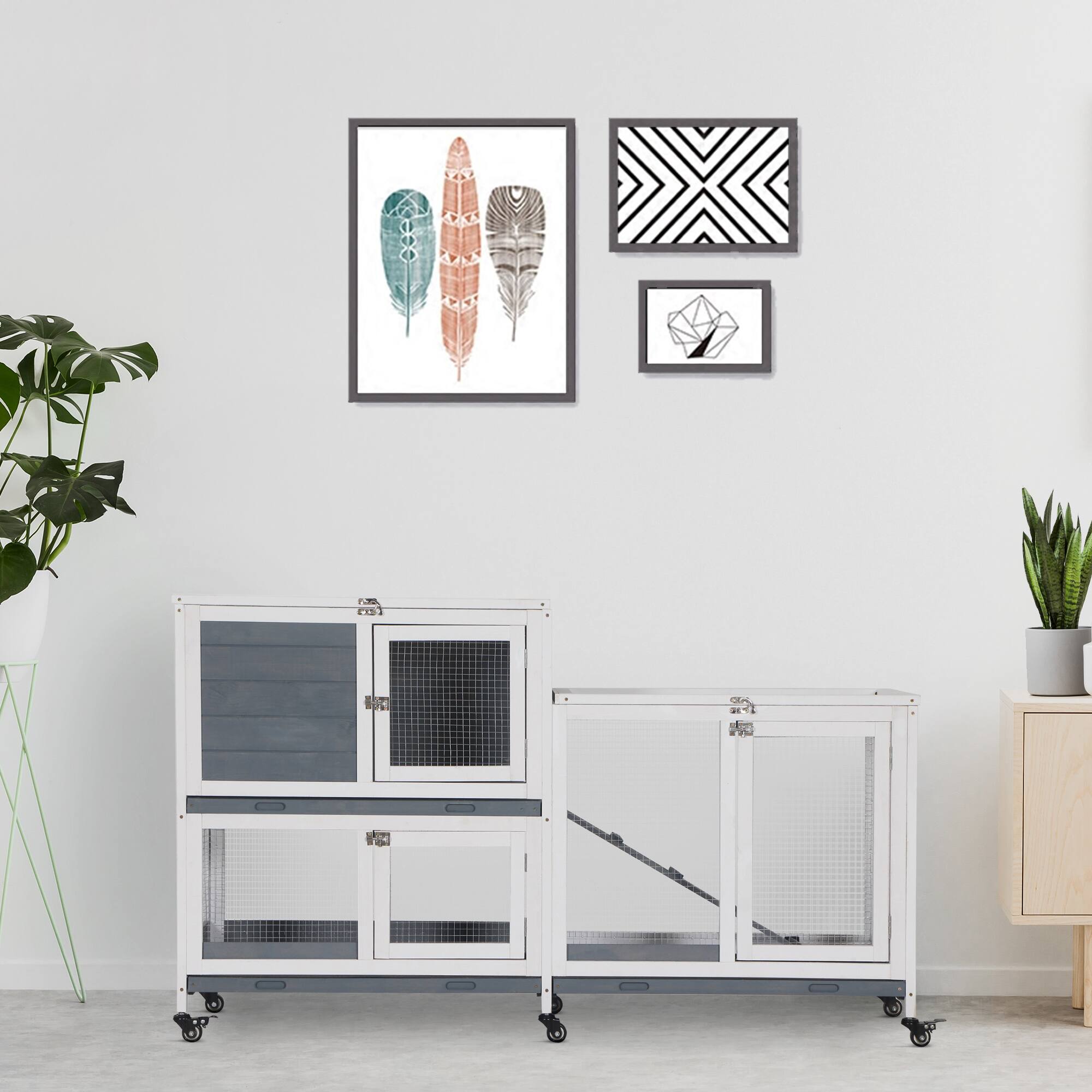 Alt View 4. Pawhut - 57.75"x18"x32.5" Elevated Wooden Rabbit Hutch, Indoor Small Animal Cage with No Leak Tray, Lockable Door, Openable Top.