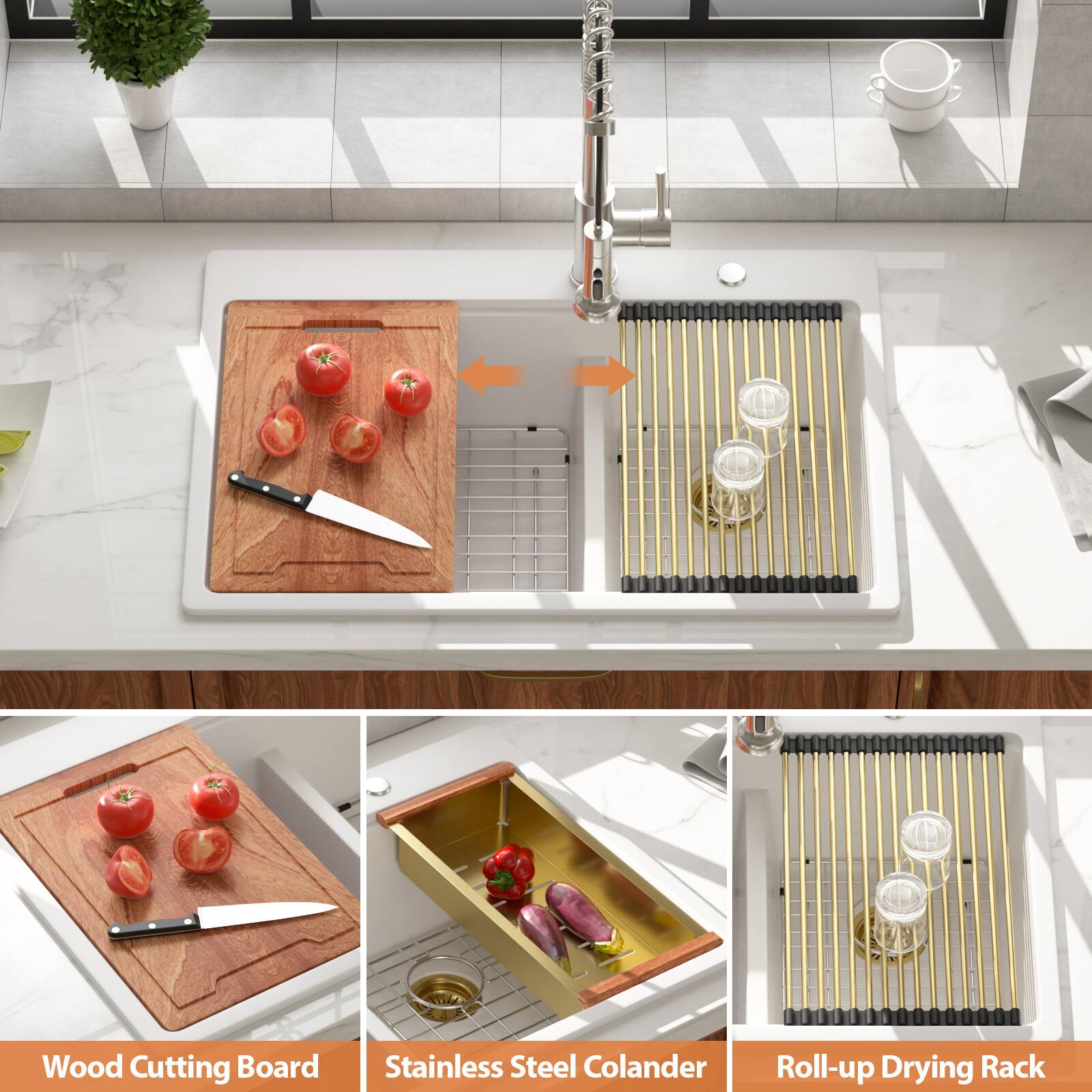 Wood Cutting Board  
Stainless Steel Colander  
Roll-up Drying Rack