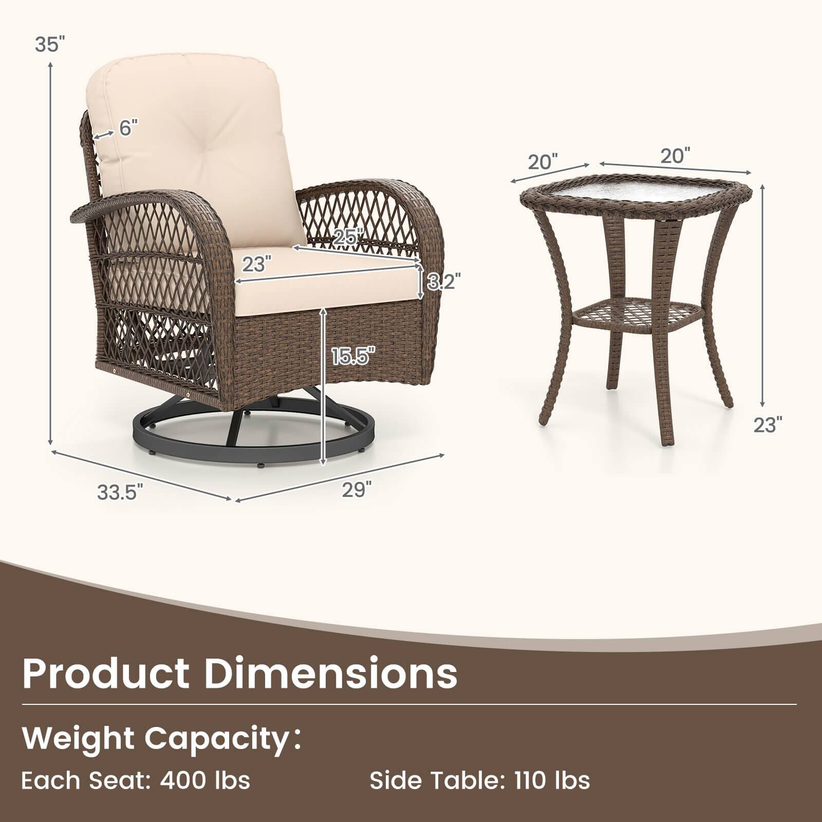 Product Dimensions:

* Chair: 35" x 35" x 35"
* Side Table: 20" x 20" x 20"

Weight Capacity:

* Each Seat: 400 lbs
* Side Table: 110 lbs