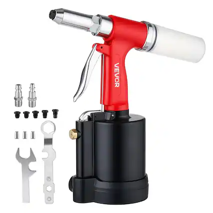 Front. VEVOR - Pneumatic Rivet Gun Kit with 3/32" 1/8" 5/32" 3/16" 1/4" Nosepieces, 3924 LBS Pulling Force, 3-Claw Secure Grip - Red;Black.