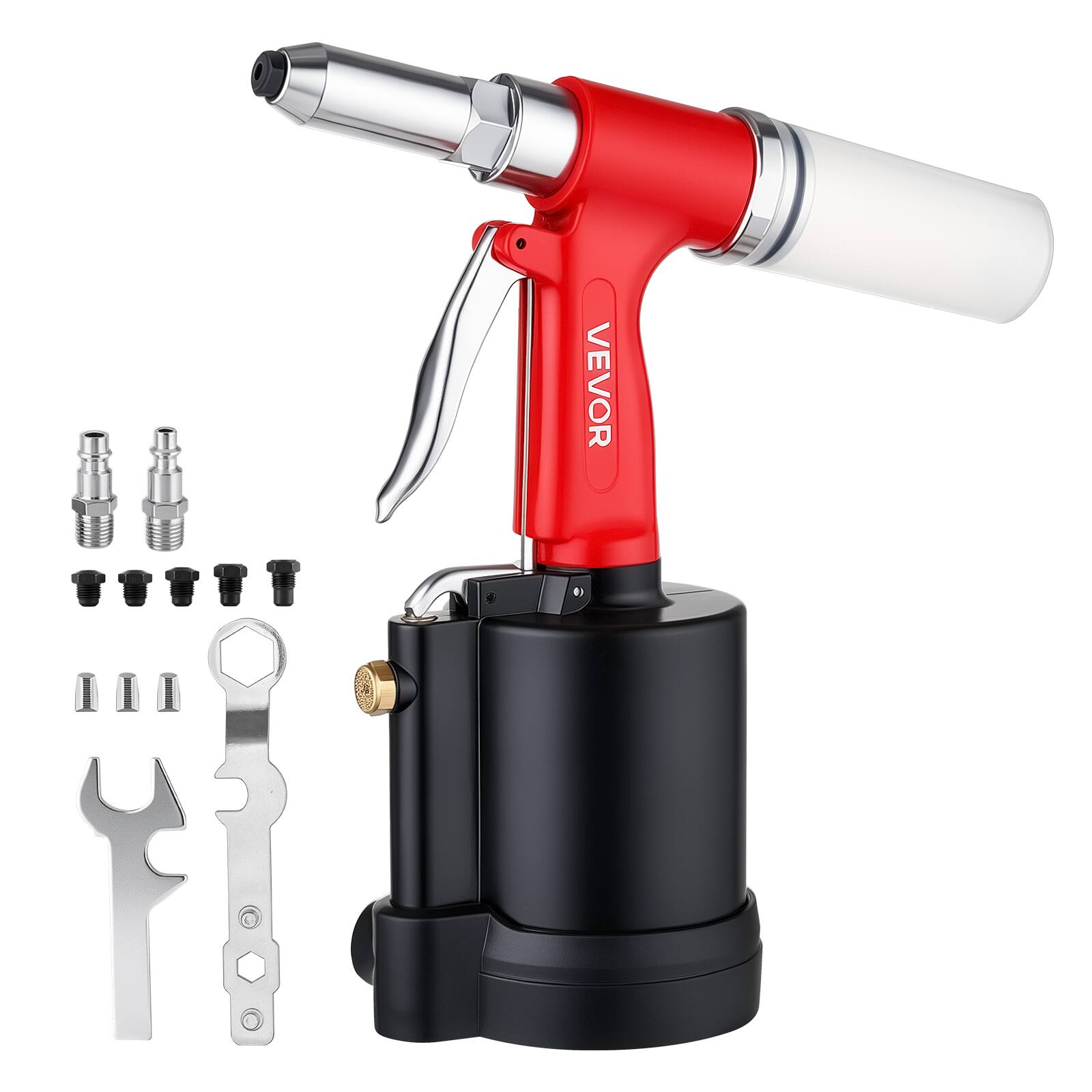 Front. VEVOR - Pneumatic Rivet Gun Kit with 3/32" 1/8" 5/32" 3/16" 1/4" Nosepieces, 3924 LBS Pulling Force, 3-Claw Secure Grip - Red;Black.