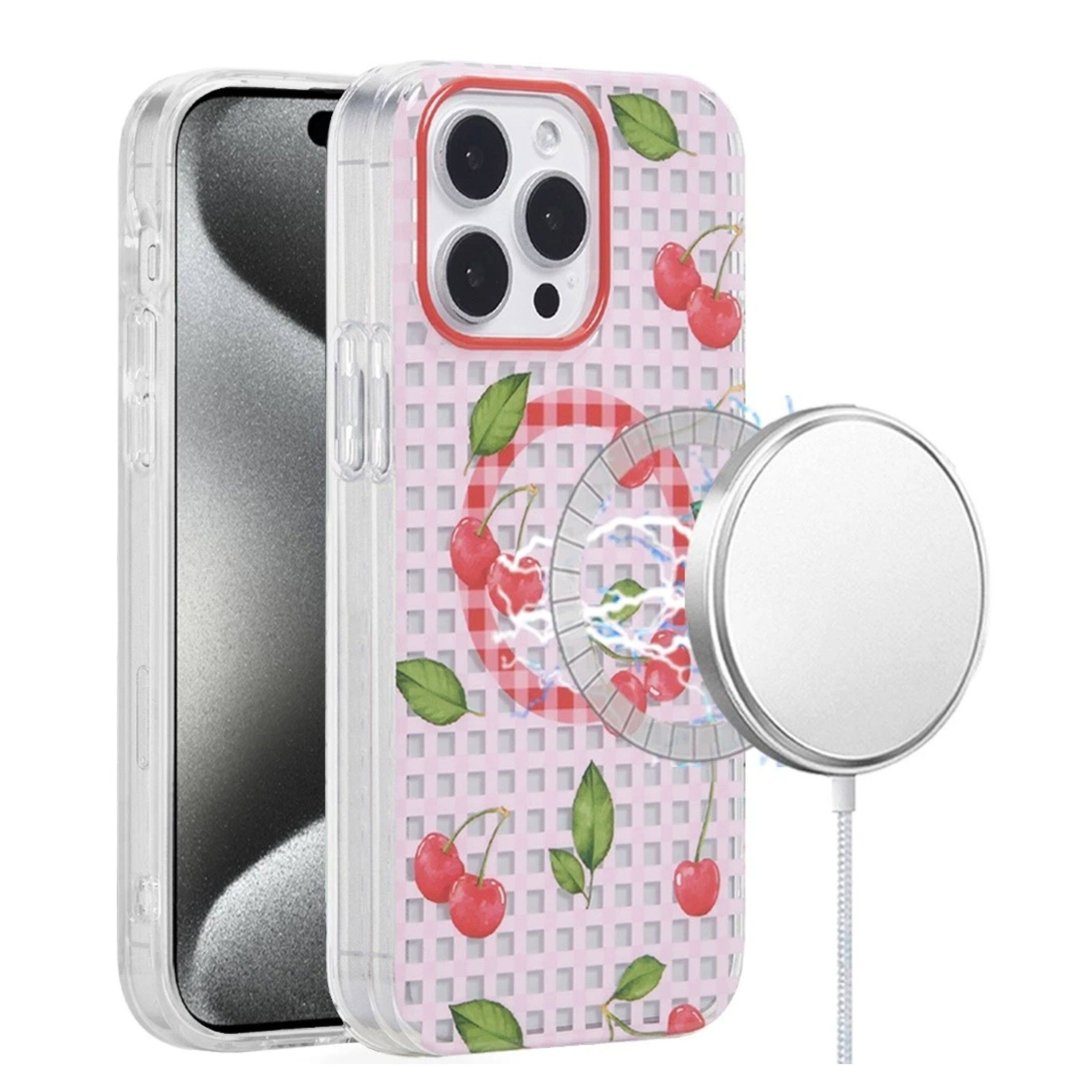 Front. Kitcheniva - Cherry Design Dual Layer TPU Magnetic Circle Phone Case With 2 Pcs Tempered Glass For iPhone 15 Pro Max - Multicolor.