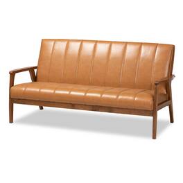 Baxton Studio - Nikko Mid-century Modern Faux Leather Upholstered and Walnut finished Wood Sofa - Tan/walnut brown