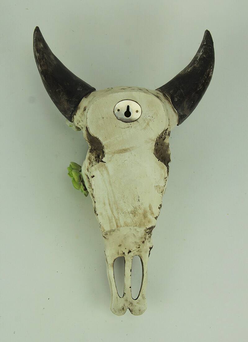 Alt View 2. Zeckos - Aged Bull Skull with Succulent Plants Hanging Statue - White.