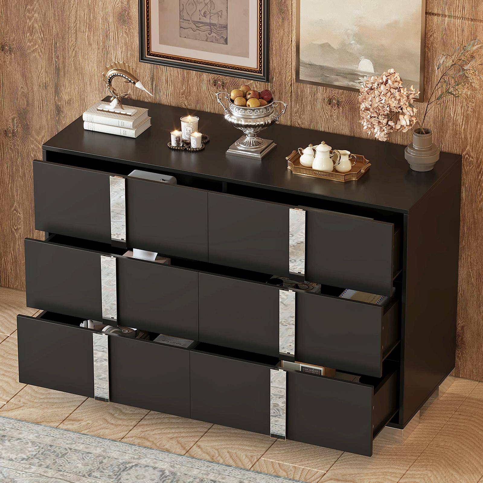 Alt View 1. Spaco - Spaco Mirrored Storage Cabinet Dresser with 6 Drawers for Bedroom,Elegant Modern Dresser with Metal Foot,Living Room - Black.