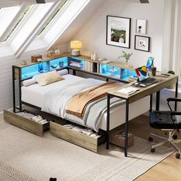 LUCKY ONE - Twin Size Corner Bed Frame with Bookcase and 2 Underbed Storage Drawers - Gray