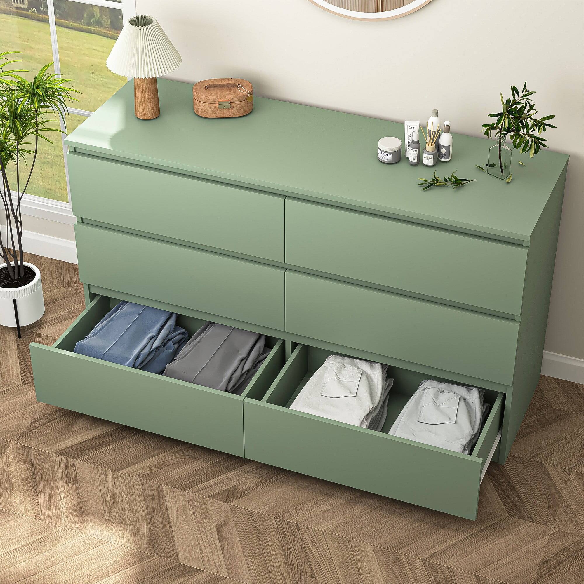 Alt View 2. Kadyn - Modern Mid Century 6 Drawer Wide Dressers Chests for Bedroom, Chest of Drawer Organizer - Green.
