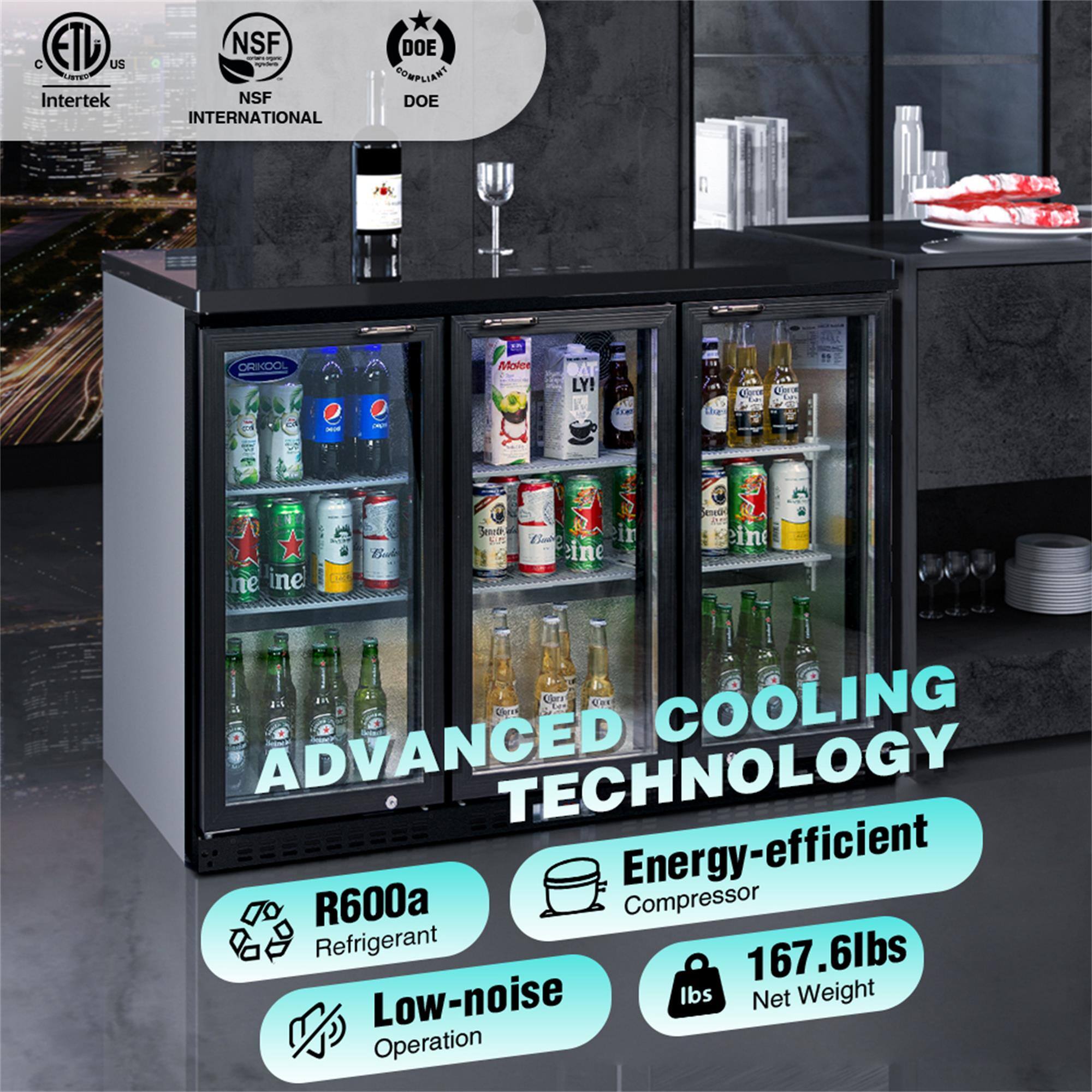 CETL US  
Intertek  
NSF INTERNATIONAL  
NSF  
DOE COMPLIANT  
DOE  

ADVANCED COOLING TECHNOLOGY  
Energy-efficient R600a Compressor  
Low-noise Operation  
167.6lbs Net Weight