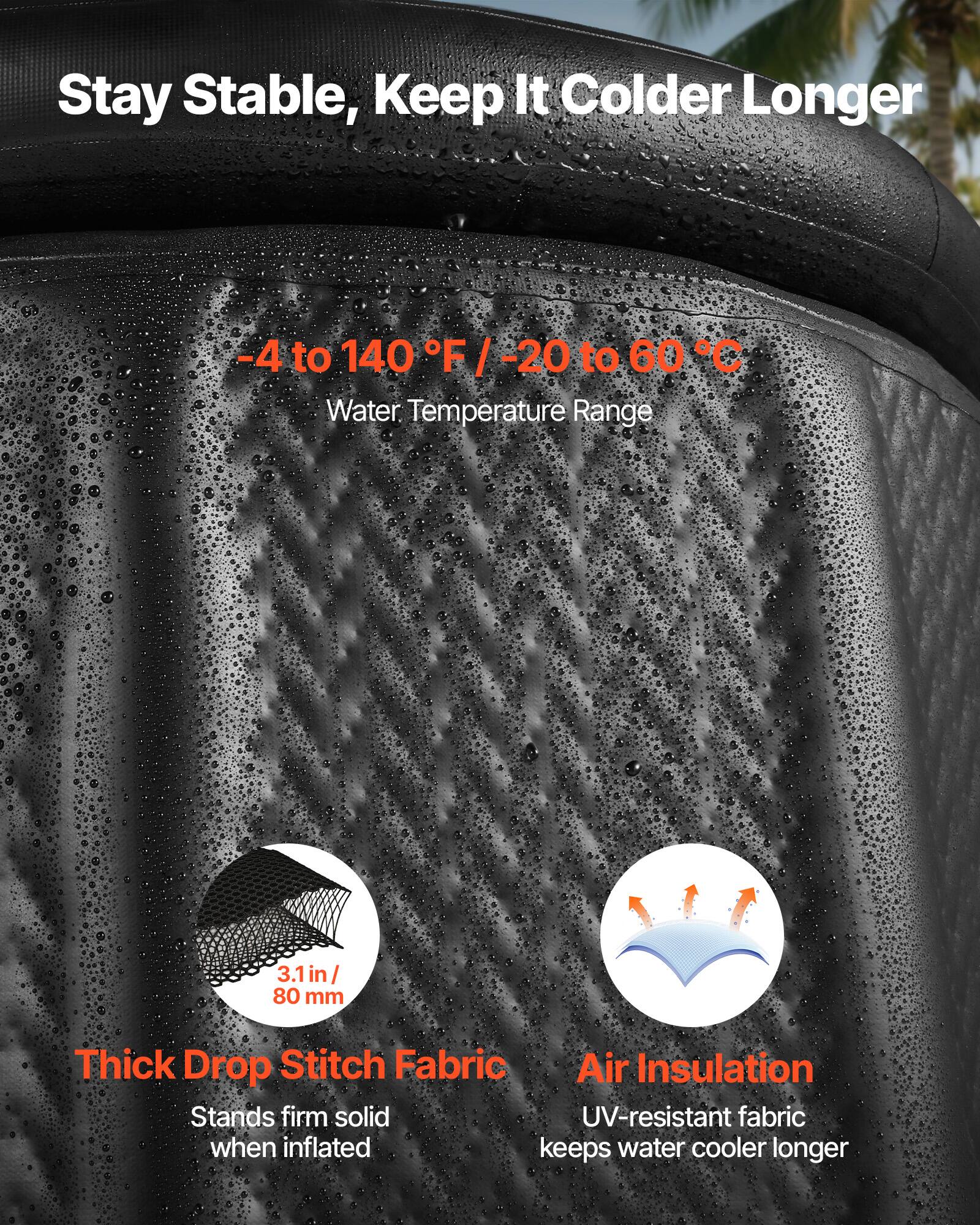 Stay Stable, Keep It Colder Longer

-4 to 140°F / -20 to 60°C Water Temperature Range

3.1 in / 80 mm Thick Drop Stitch Fabric

Air Insulation

Stands firm solid when inflated

UV-resistant fabric keeps water cooler longer