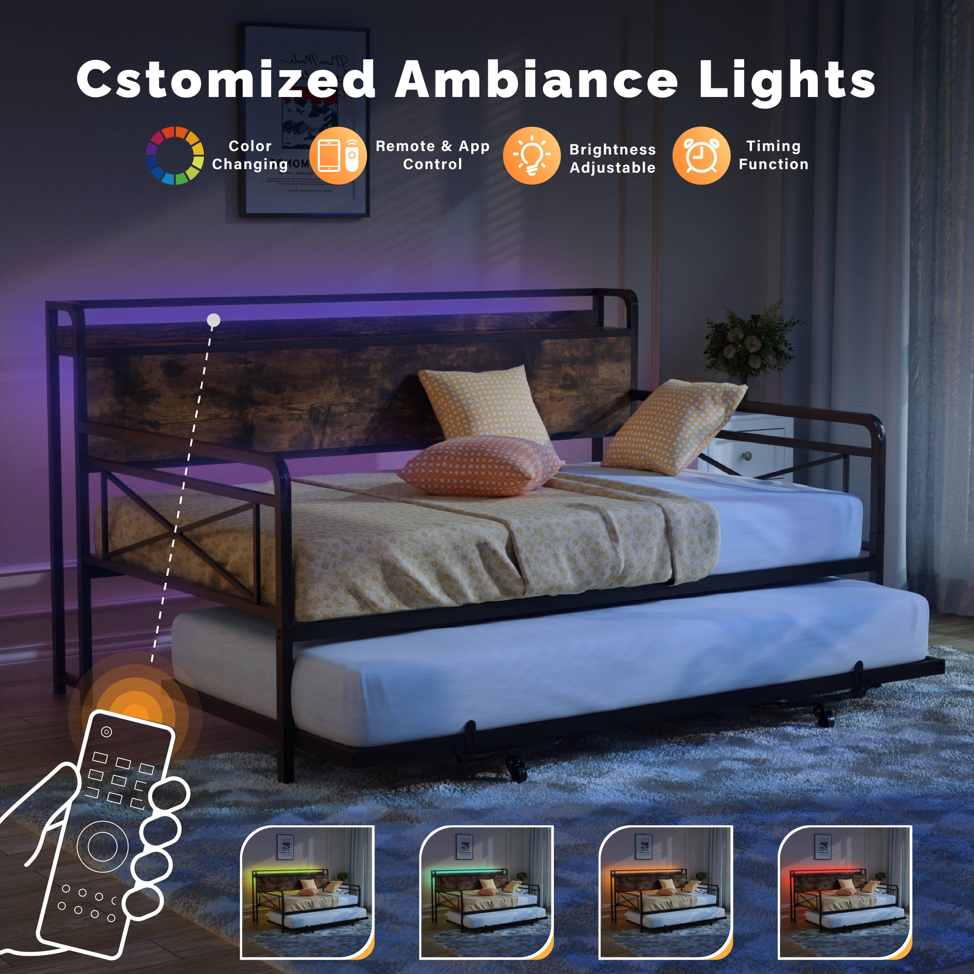 Customized Ambiance Lights  
Color Changing  
Remote & App Control  
Brightness Adjustable  
Timing Function