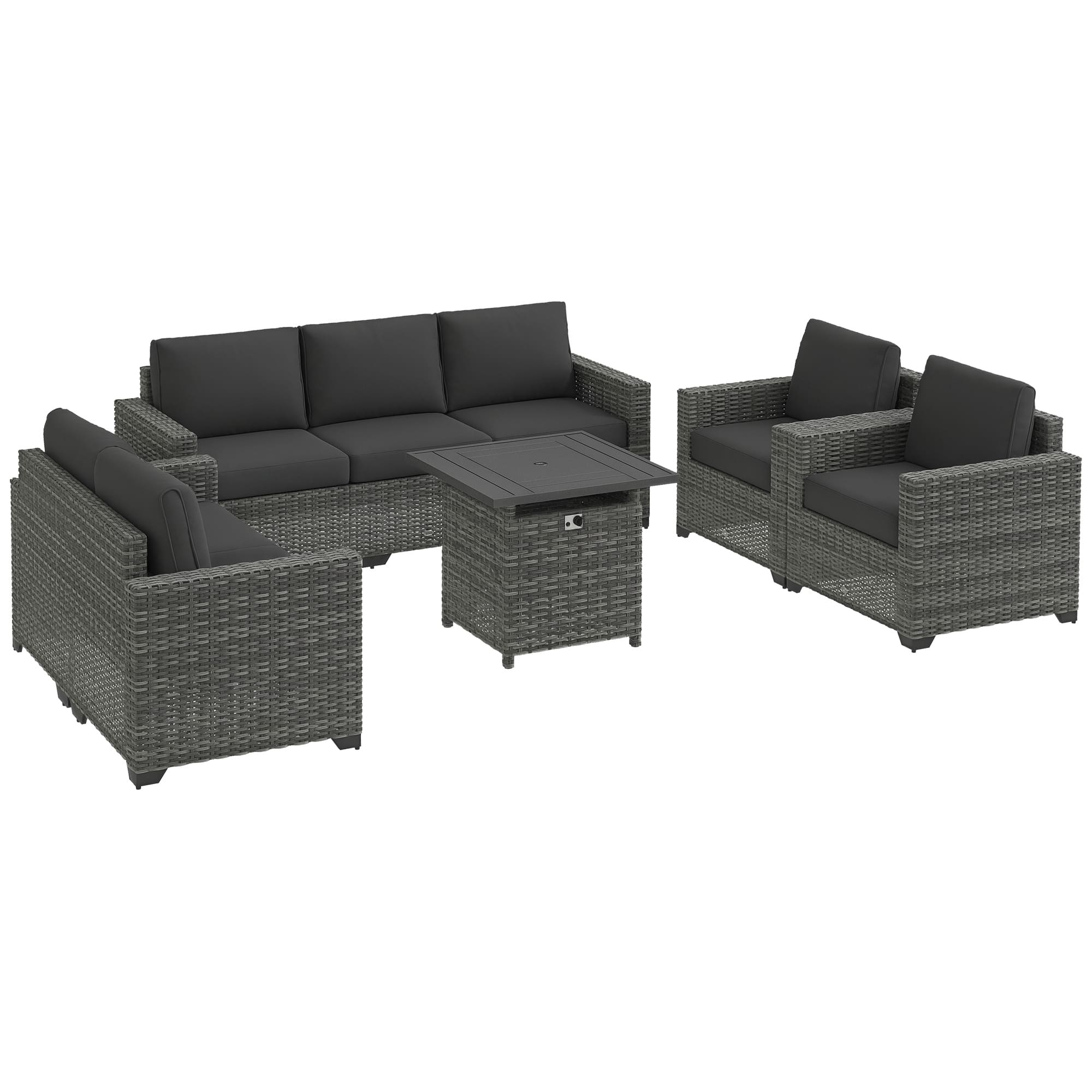 Outsunny - 5 Piece Patio Furniture Set with 30" Fire Pit Coffee Table, Wide Deep PE Rattan Wicker Outdoor Conversation Sofa Set - Dark Gray