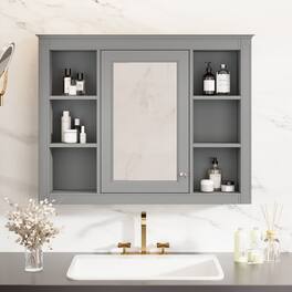Z-Edge - 35'' x 28'' Medicine Cabinet, Wall Mounted Bathroom Storage Cabinet, Modern Mirror Cabinet with Door and 6 Open Shelves - Gray