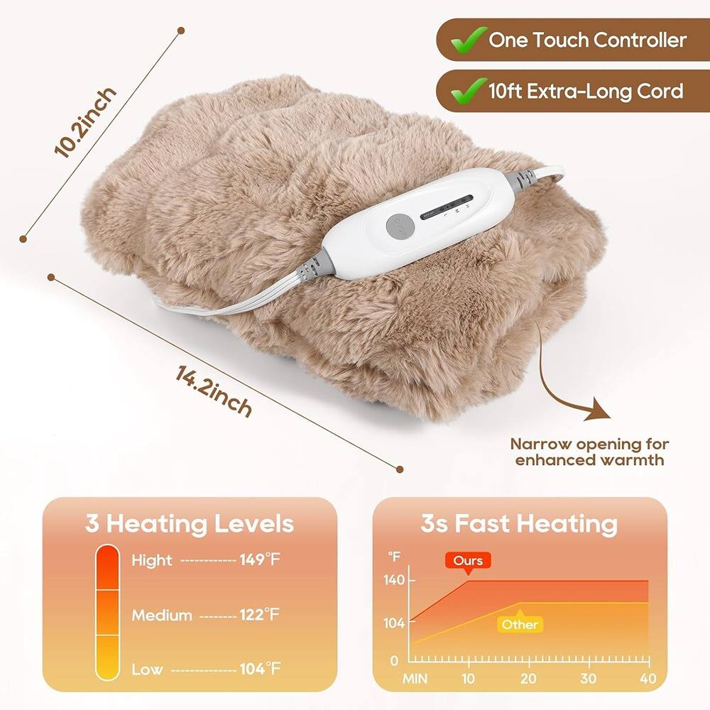 10.2-inch One Touch Controller  
10ft Extra-Long Cord  
14.2-inch Narrow opening for enhanced warmth  

3 Heating Levels  
- High: 149°F  
- Medium: 122°F  
- Low: 104°F  

3s Fast Heating  
- Ours: 140°F  
- Other: 104°F  

MIN 10 20 30 40