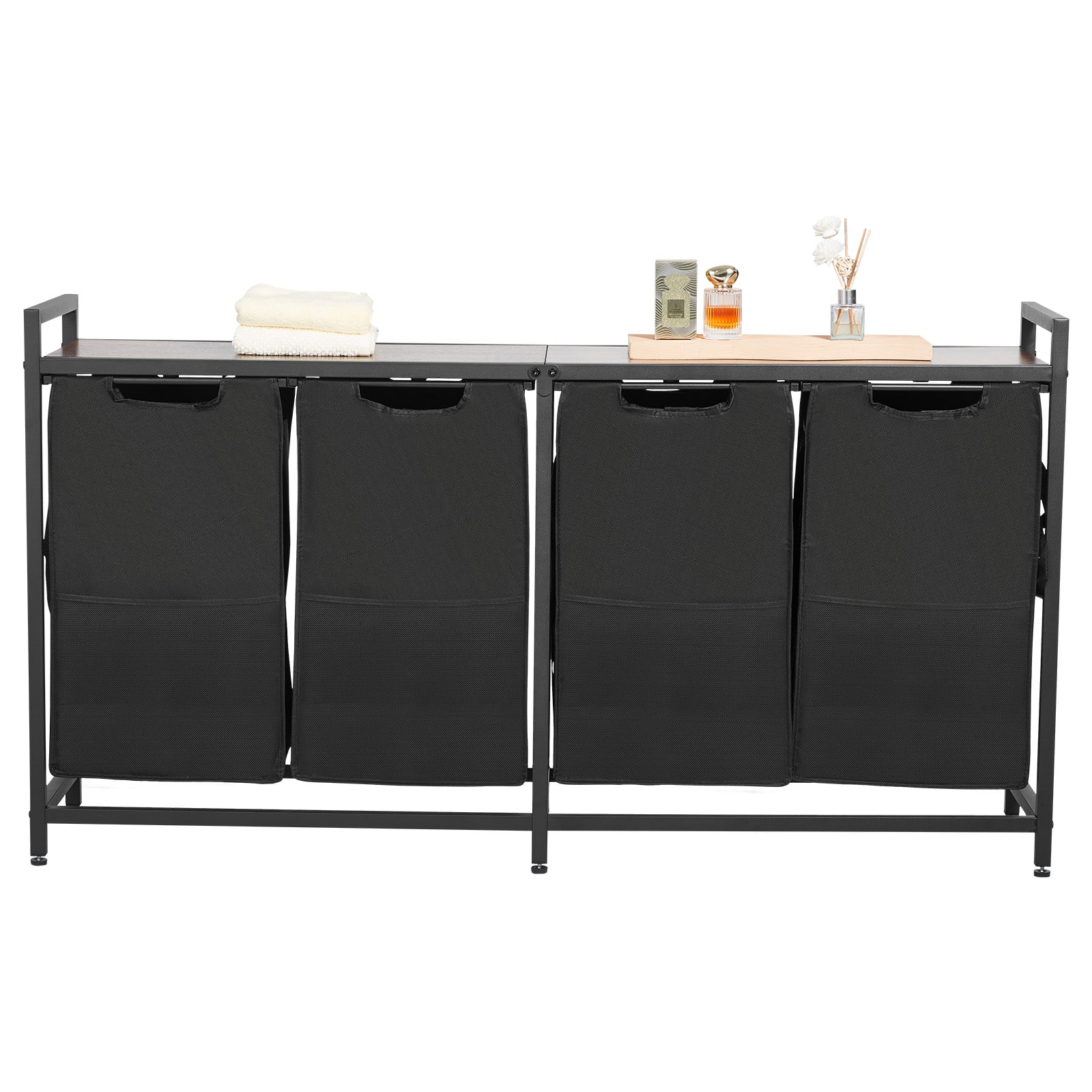 VEVOR - 4Section Laundry Sorter,Large Laundry Hamper with Metal Frame and Wooden Tabletop, Freestanding Storage Organizer Basket - Black + brown