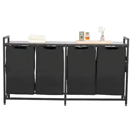 Front. VEVOR - 4Section Laundry Sorter,Large Laundry Hamper with Metal Frame and Wooden Tabletop, Freestanding Storage Organizer Basket - Black + brown.