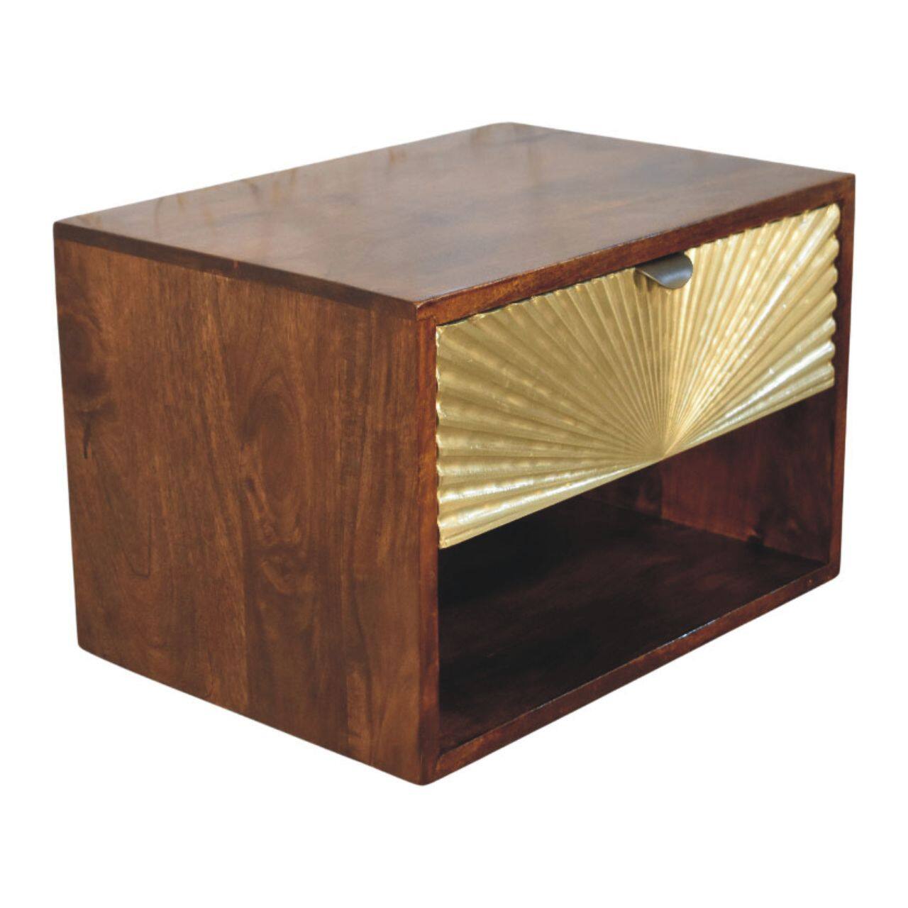 Back. Artisan Furniture - Artisan Furniture Solid Wood Sunburst Wall-Mounted Bedside, 1 Drawer, 1 Open Shelf, Brown And Gold - Brown and Gold.