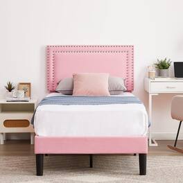 Vecelo - Twin Size Platform Bed Frame with Adjustable Upholstered Headboard, Strong Wood Slat Support,No Box Spring Needed - Pink