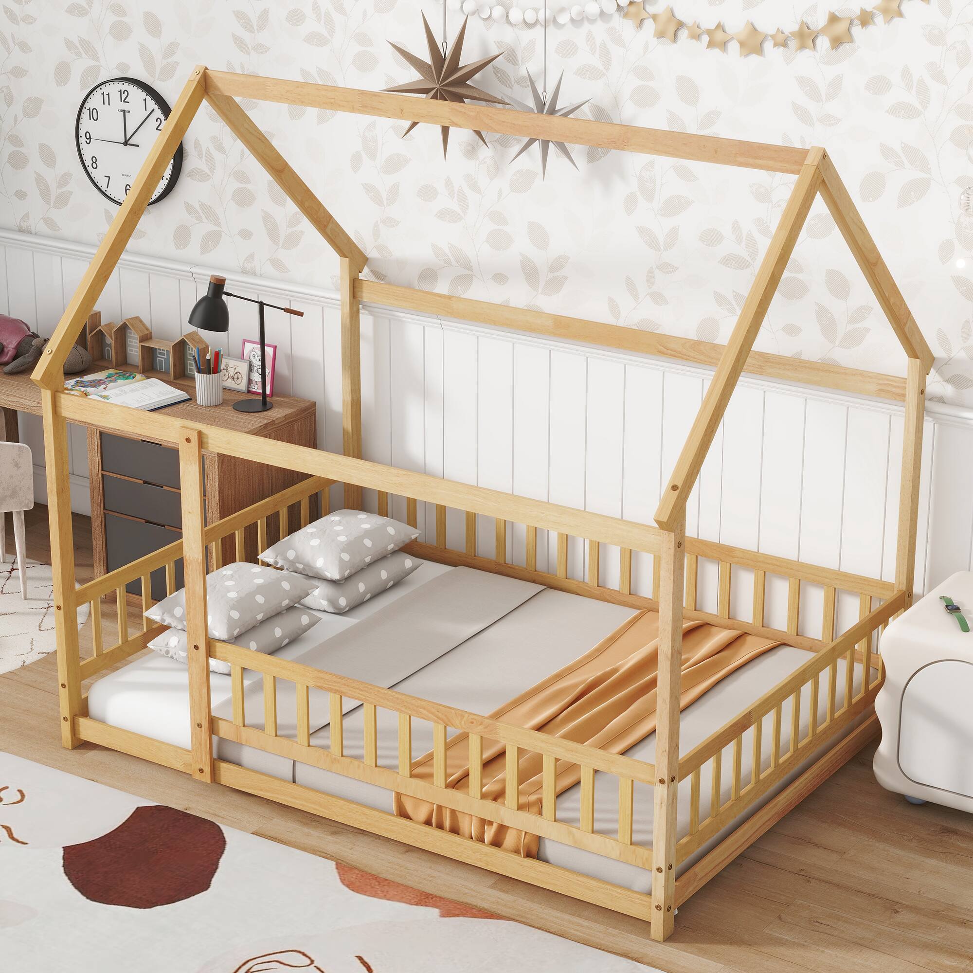 Left. Tiramisubest - Full Size House Floor Wooden Bed with Roof Frame, Safety Guardrails,Natural - Natural.