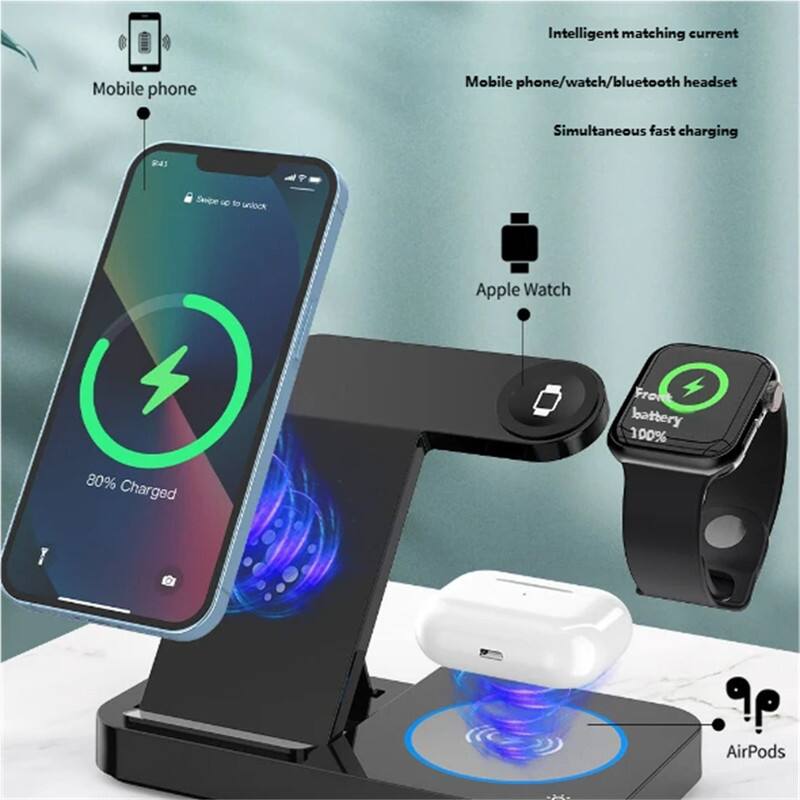 Intelligent matching current  
Mobile phone/watch/bluetooth headset  
Simultaneous fast charging  

Mobile phone  
80% Charged  

Apple Watch  
Front battery 100%  

AirPods