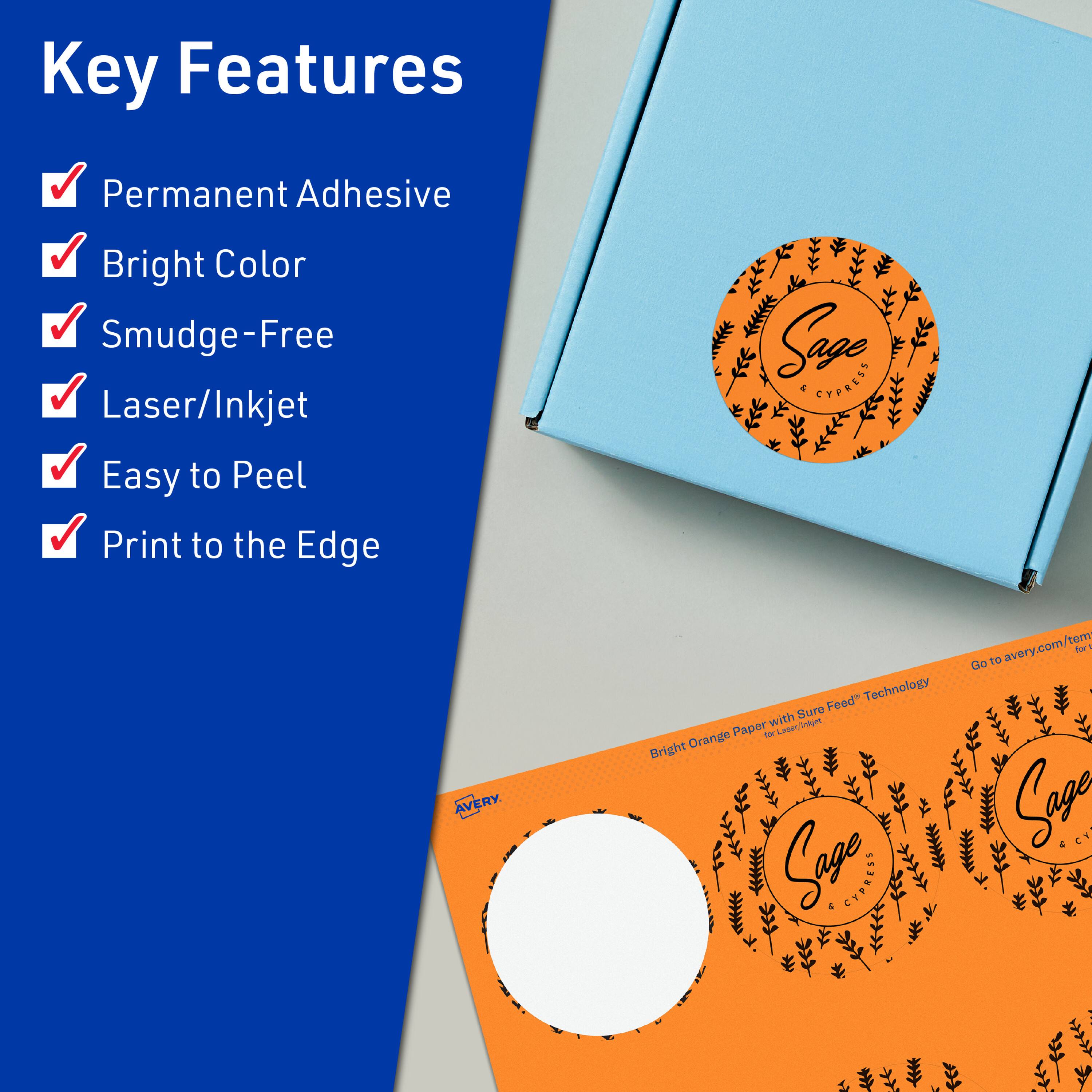 Key Features  
- Permanent Adhesive  
- Bright Color  
- Smudge-Free  
- Laser/Inkjet  
- Easy to Peel  
- Print to the Edge  

Sage Cypress  

Bright Orange Paper with Sure Feed Technology  

Go to avery.com/tem for Laser/Inkjet  

Avery