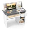 Costway - Kids Study Desk with Keyboard Tray & Drawer, Side Bookshelf & Upper Shelves - White + Gray