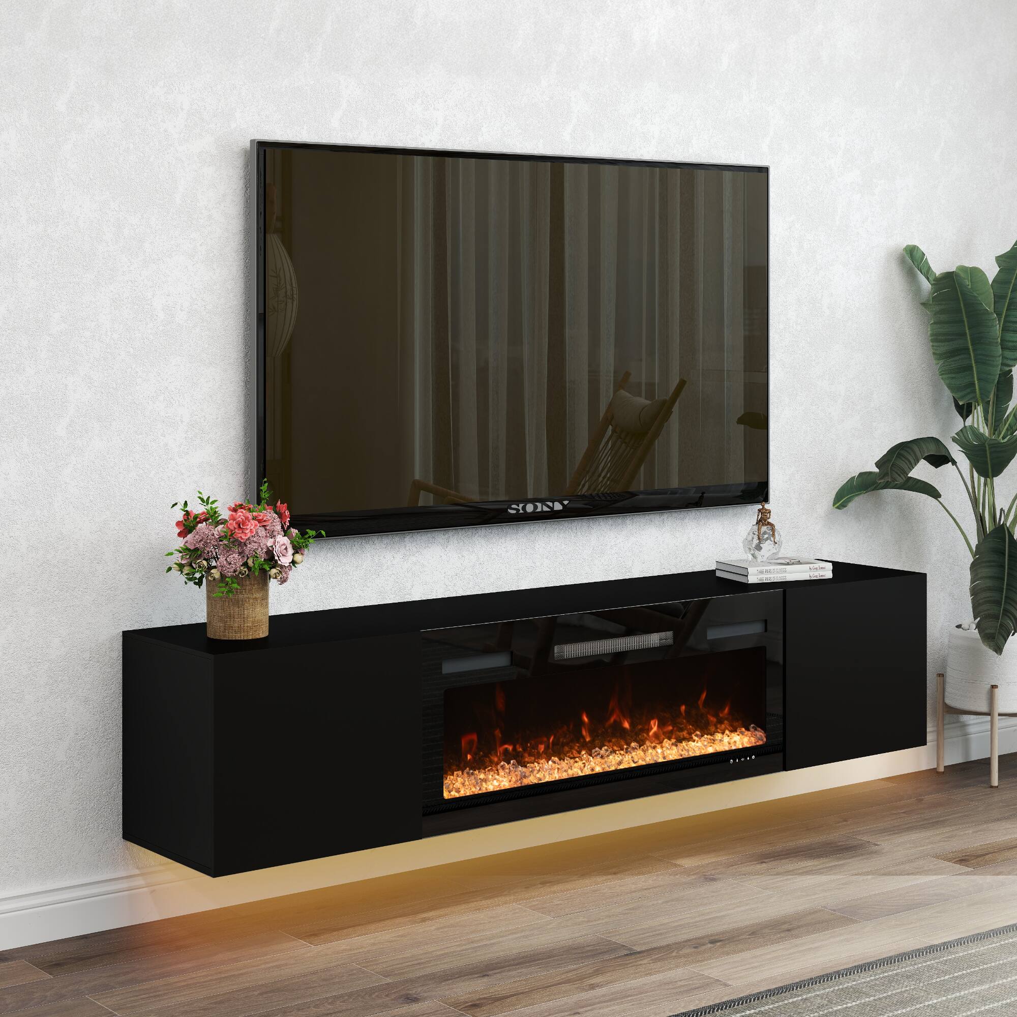 Front. Essen Blissed - 70 in. Black Floating TV Stand with Electric Fireplace and LED Lights for TVs up to 80 in. Entertainment Center - Black.