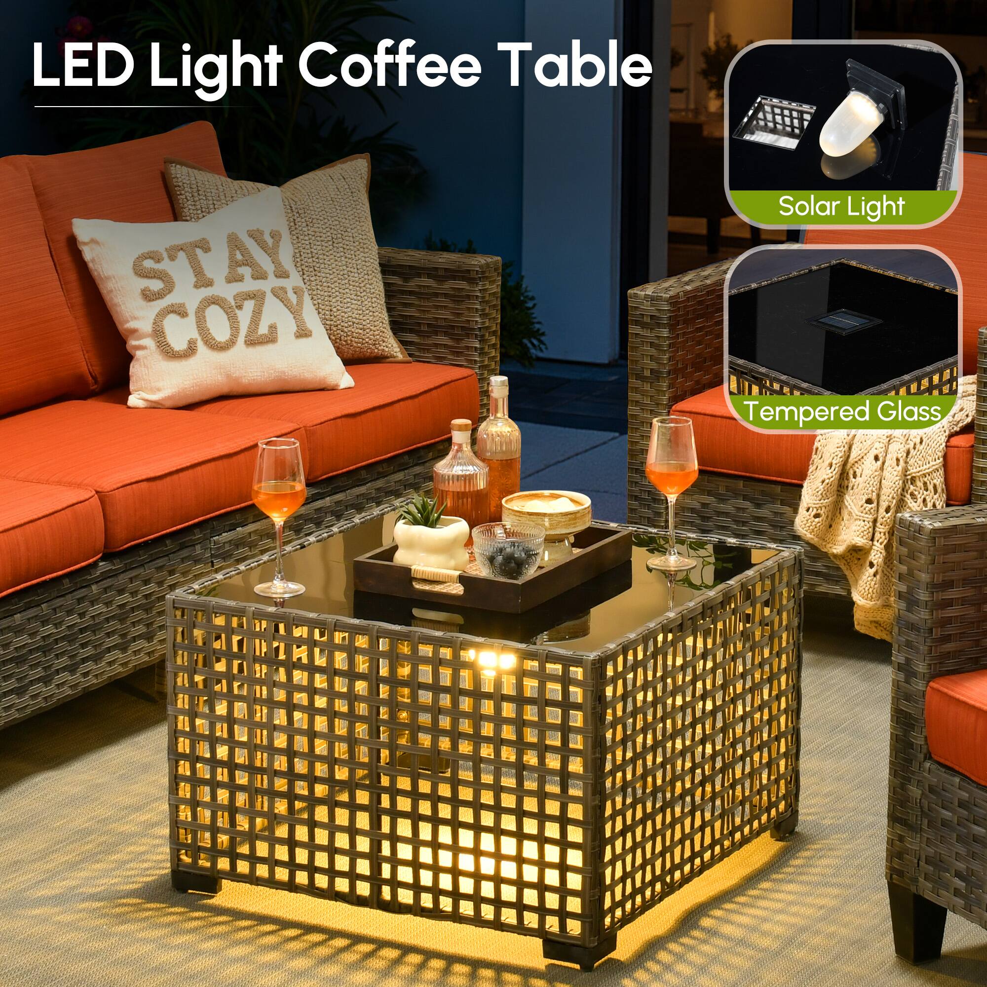 LED Light Coffee Table - STAY COZY Solar Light Tempered Glass