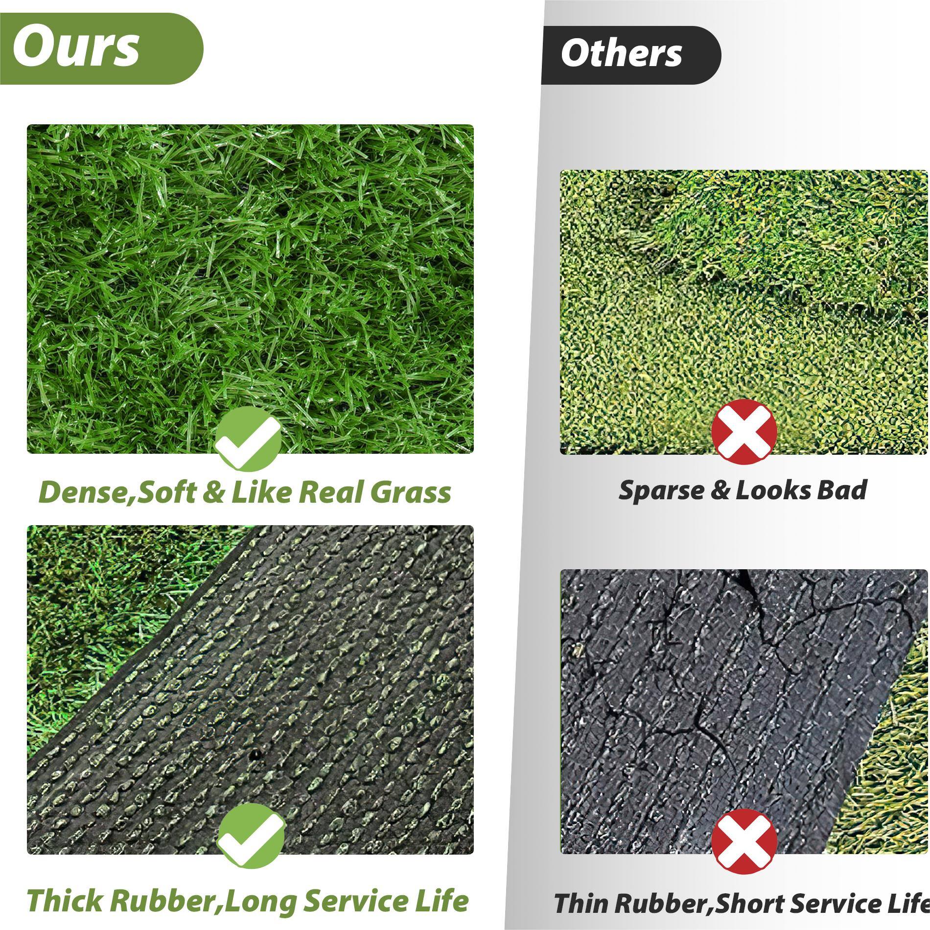 Ours  
- Dense, Soft & Like Real Grass  
- Thick Rubber, Long Service Life  

Others  
- Sparse & Looks Bad  
- Thin Rubber, Short Service Life