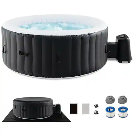 Front. Costway - Costway 80" Round SPA Pool Inflatable Hot Tub with 130 Air Jets Electric Heater Pump - Black + White.