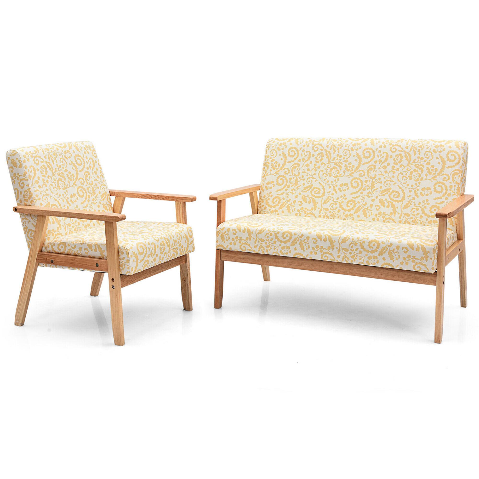 Front. Costway - Costway Modern Living Room Sofa Set w/ Loveseat Sofa Couch & Accent Armchair Yellow Floral - Yellow Floral.