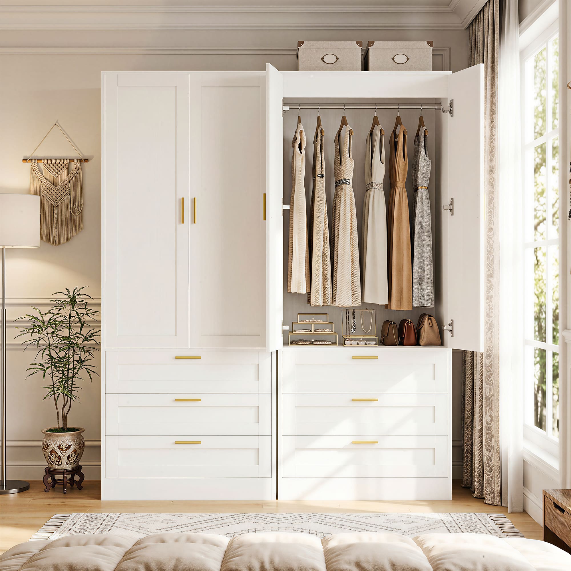 Front. Aheaplus - 2-Pack 71" Tall Armoire Wardrobes: 3 Drawers, Doors, Hanging Rod, 20" Deep Storage, Soft-Close Hinges ,Ships 2 Packages - White.