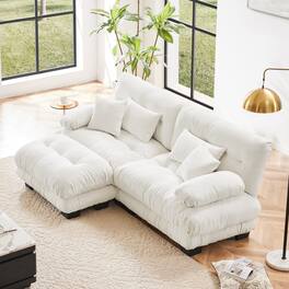 DOMETOUR - Cloud Couch 2 Seater Sofa with 2 Lumbar pillows and 2 throw pillows Upholstered Wide Arm Sofa with Convertible Ottoman - Chenille White
