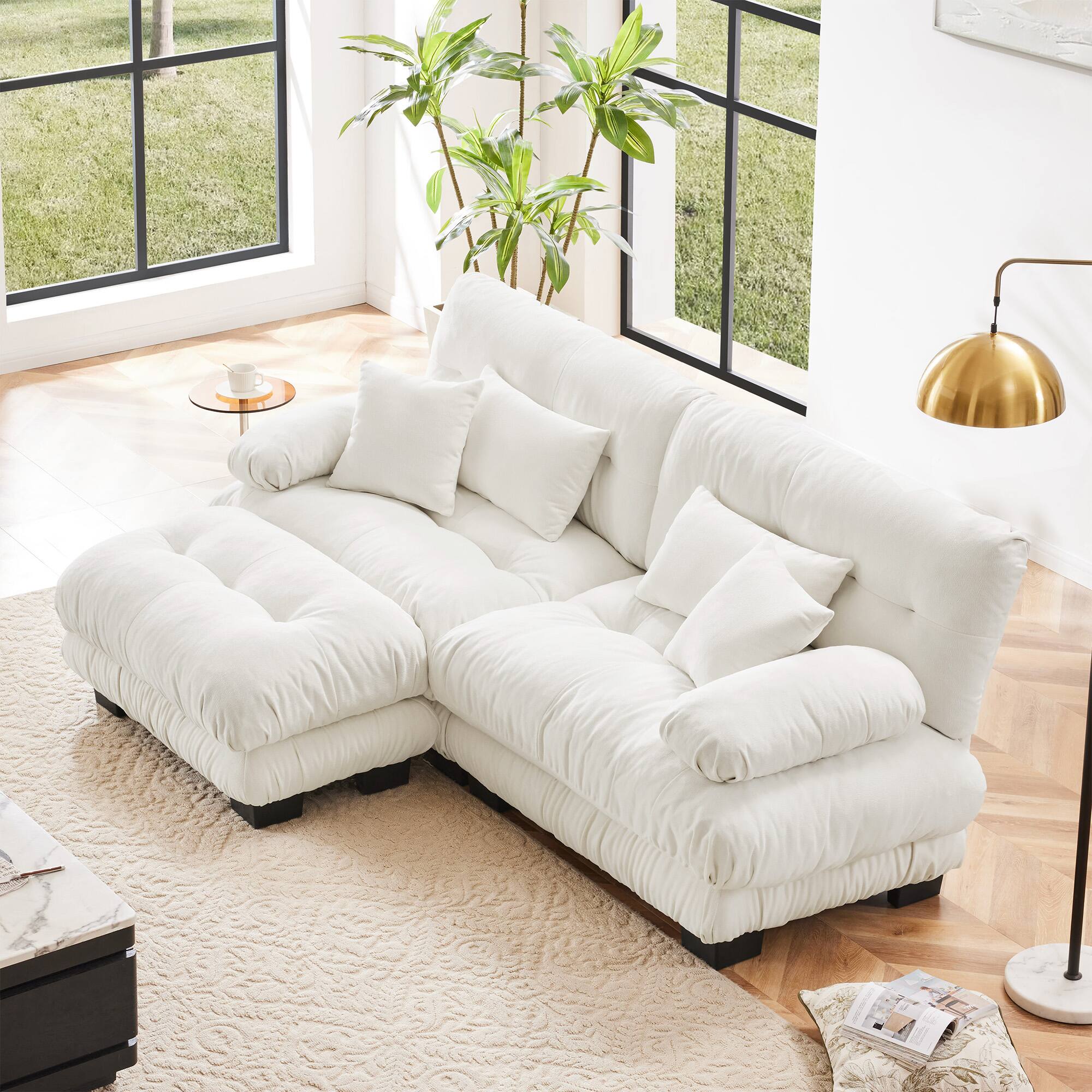 Front. DOMETOUR - Cloud Couch 2 Seater Sofa with 2 Lumbar pillows and 2 throw pillows Upholstered Wide Arm Sofa with Convertible Ottoman - Chenille White.